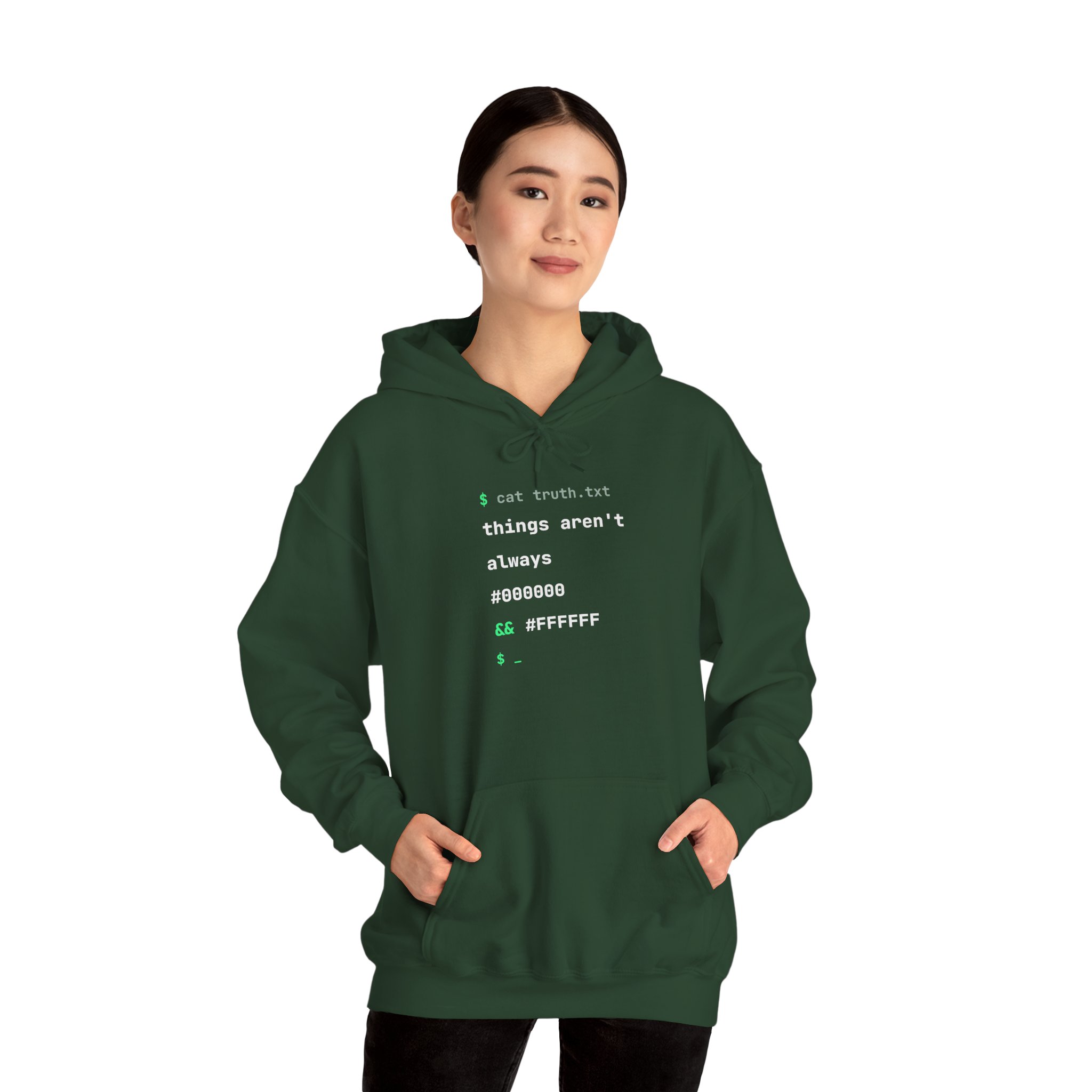 cat truth.txt hoodie in Forest Green, worn by a model