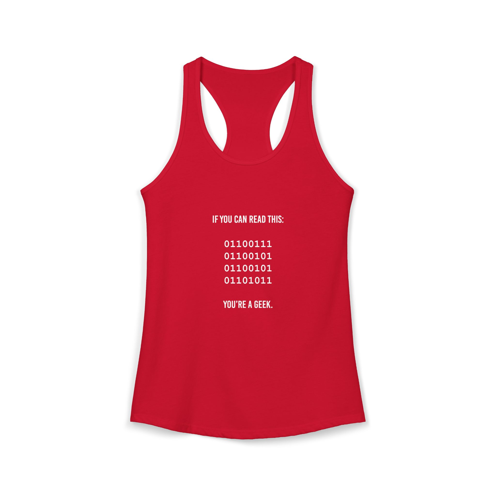 Geek Binary Code women's racerback tank in Solid Red, front 2
