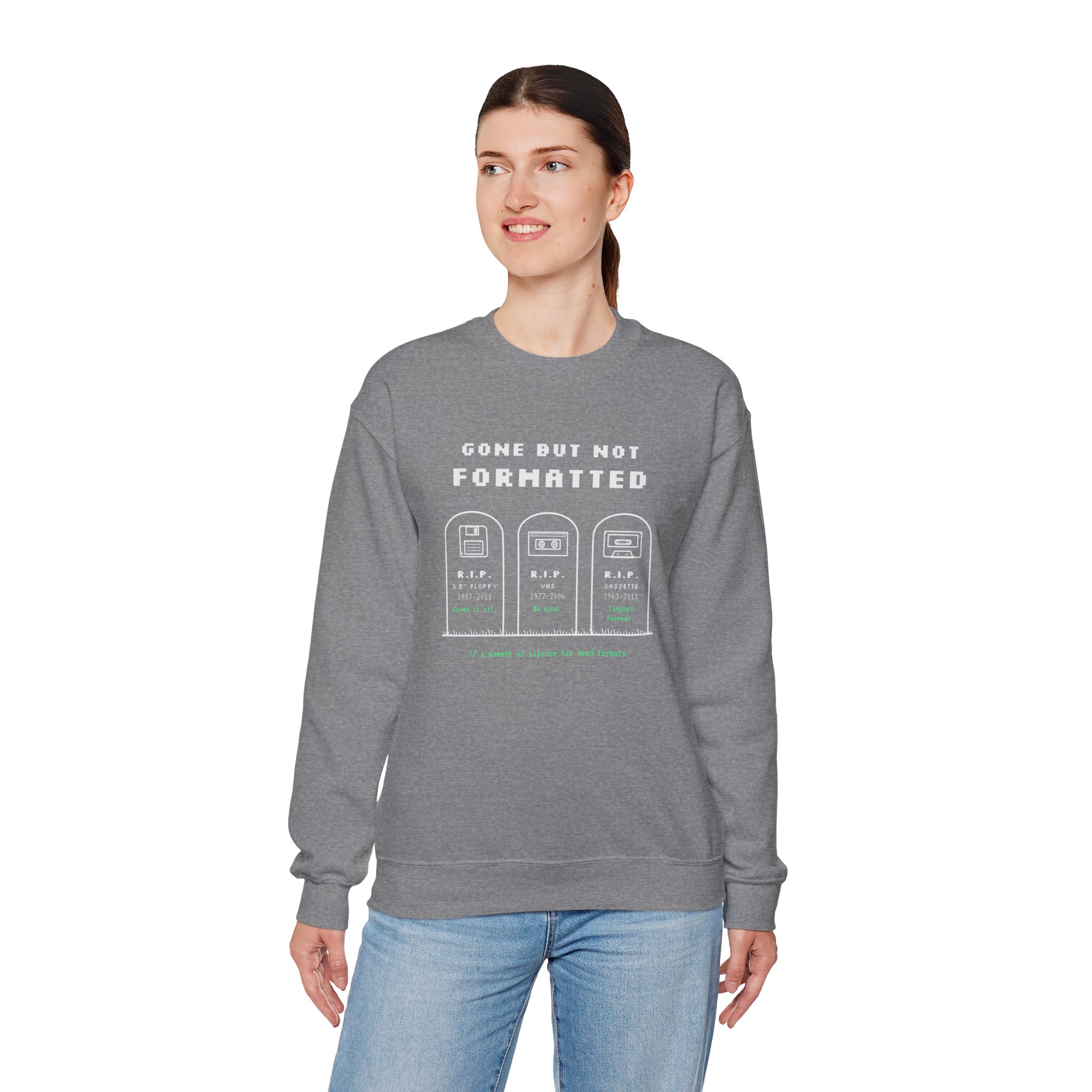 Gone But Not Formatted crewneck sweatshirt in Graphite Heather, worn by a model, fourth view