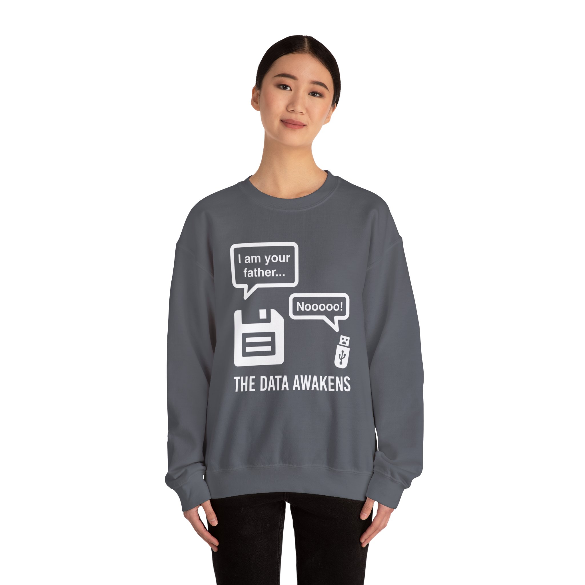 The Data Awakens crewneck sweatshirt in Charcoal, worn by a model