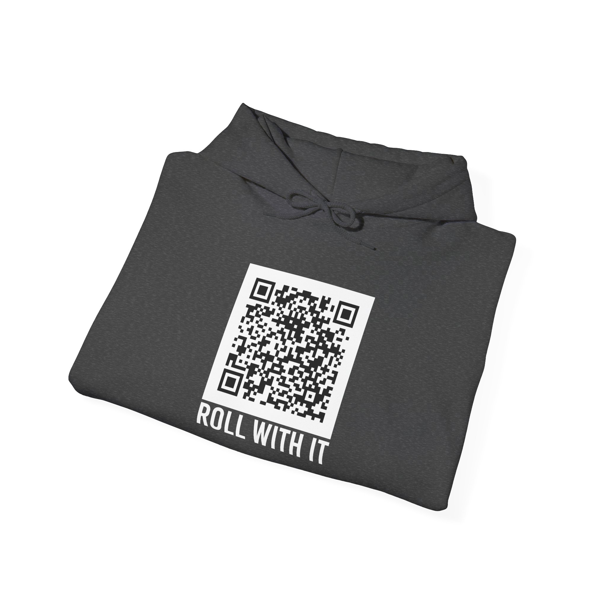 Roll With It QR Code hoodie in Dark Heather, folded