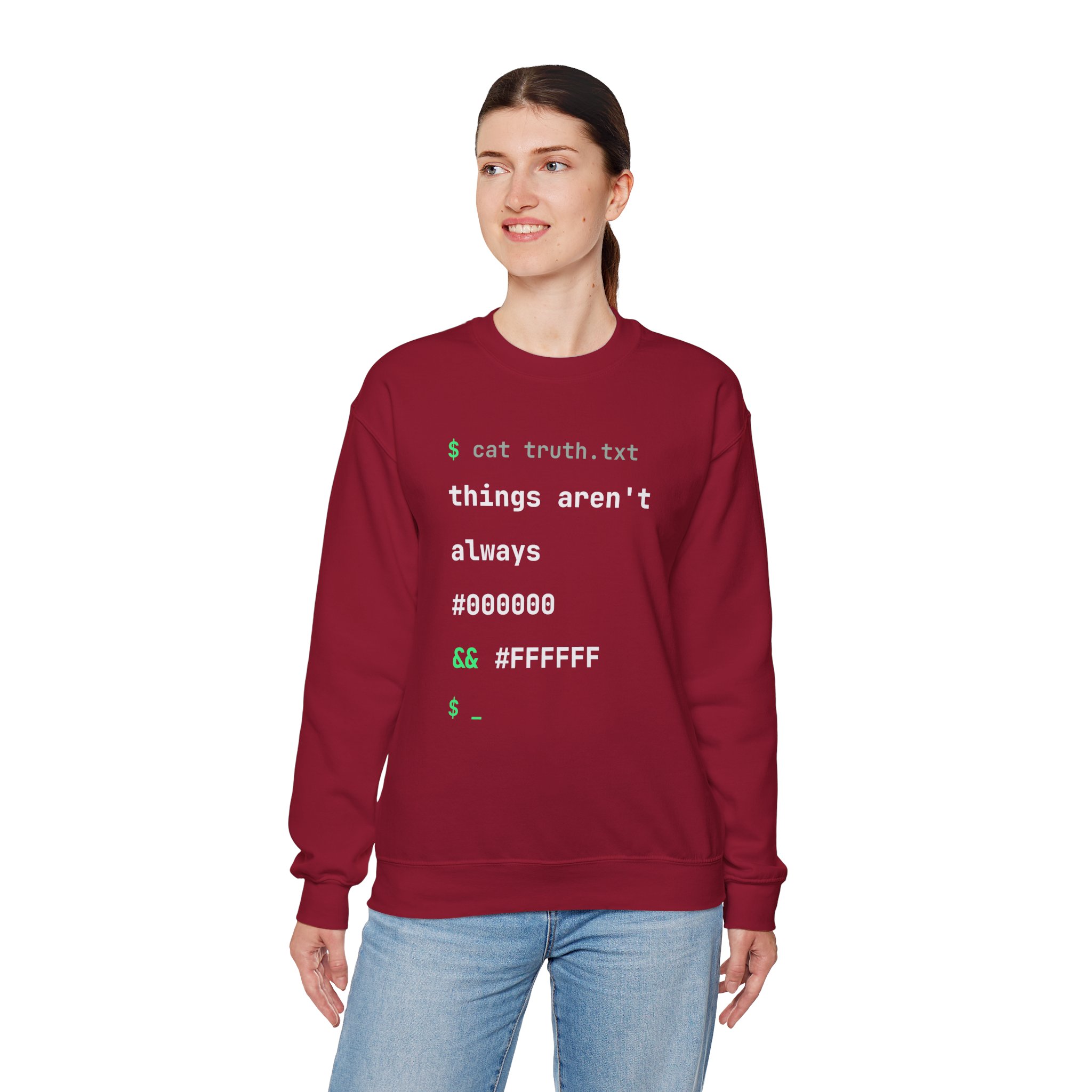 cat truth.txt crewneck sweatshirt in Cardinal Red, worn by a model, fourth view