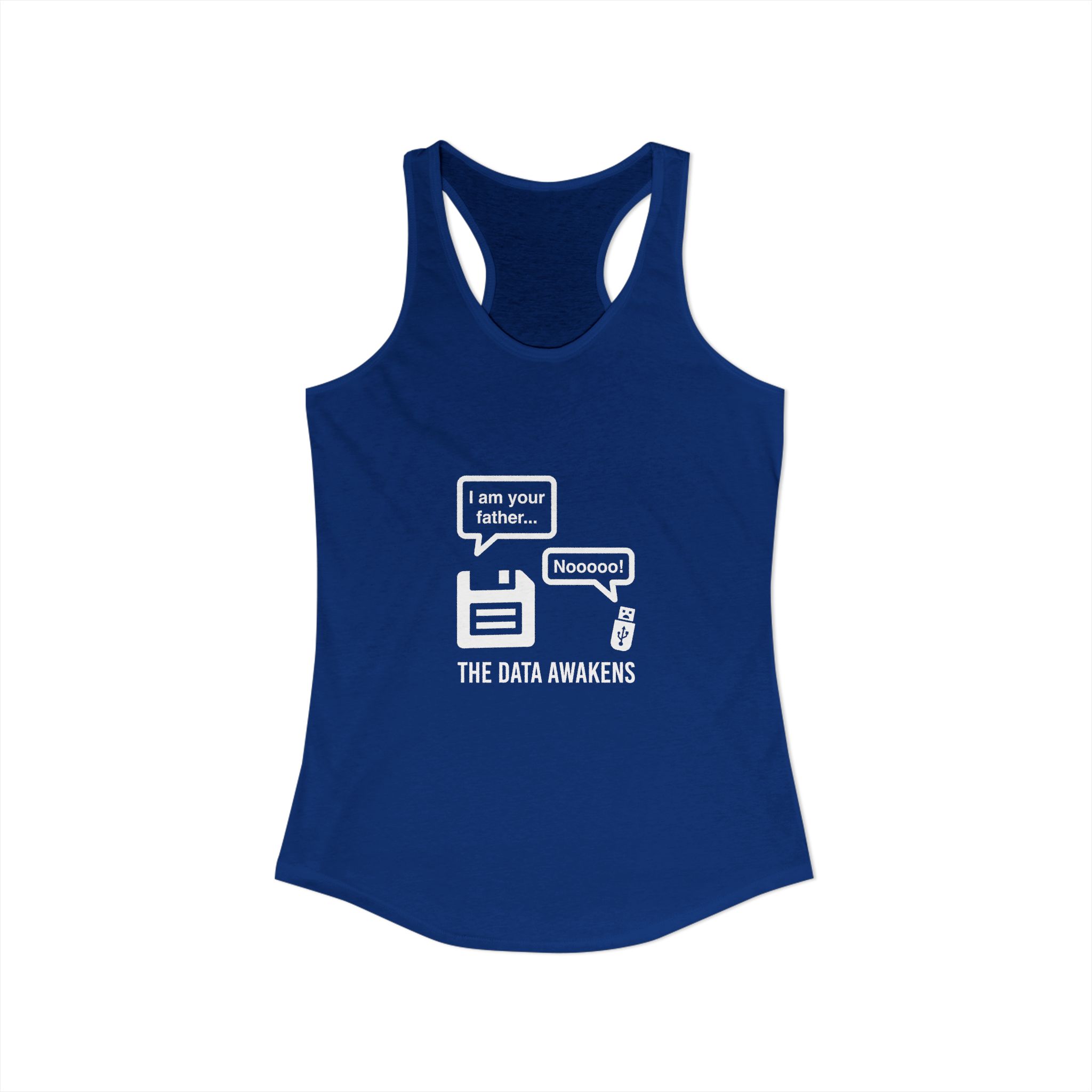 The Data Awakens women's racerback tank in Solid Royal, front view