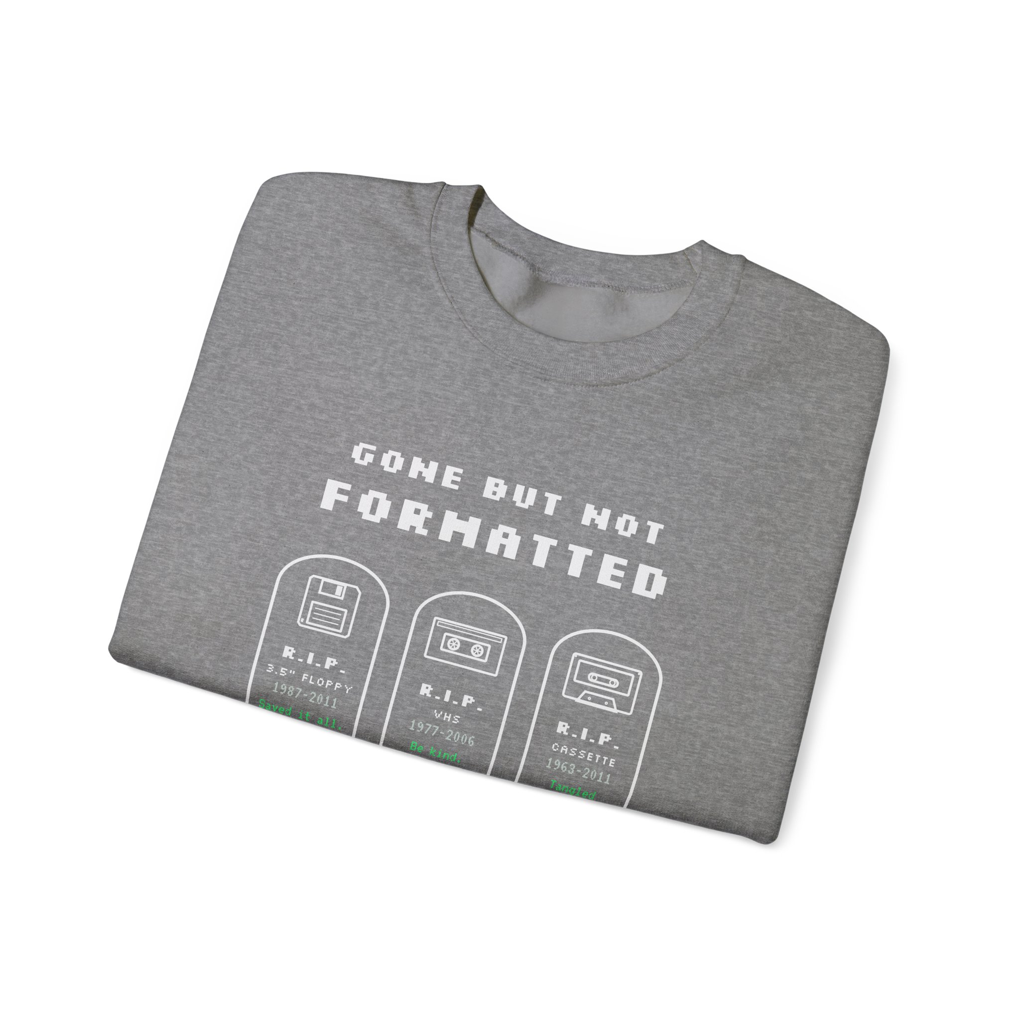 Gone But Not Formatted crewneck sweatshirt in Graphite Heather, folded