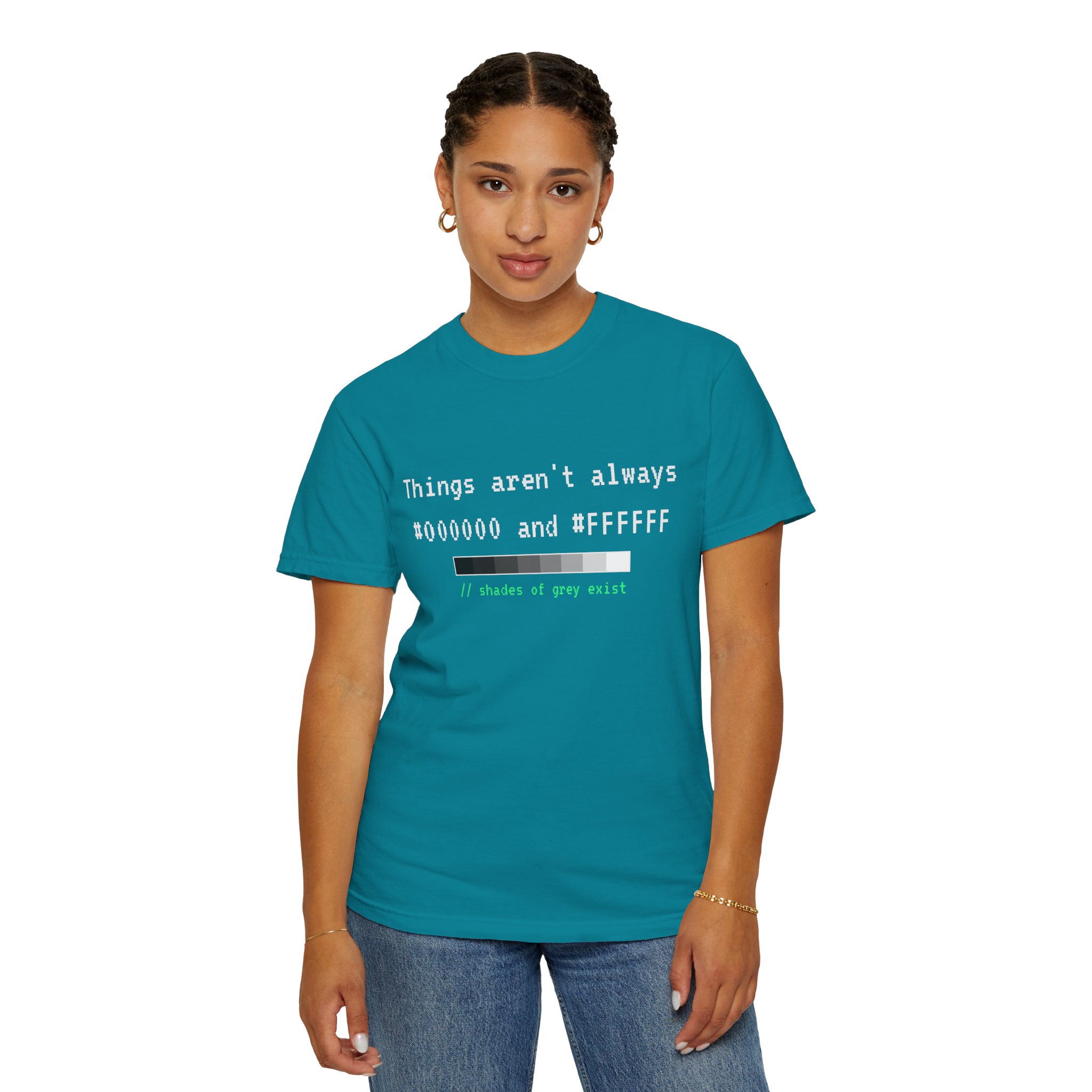 Shades of Grey Exist T-shirt in Topaz Blue, worn by a woman, second model
