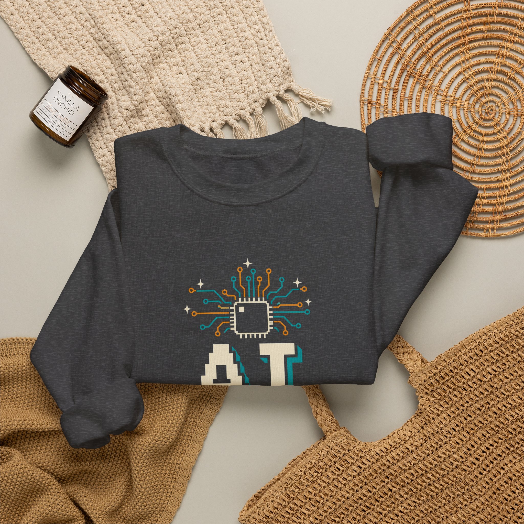 AI Magic Chip crewneck sweatshirt in Dark Heather, folded 2