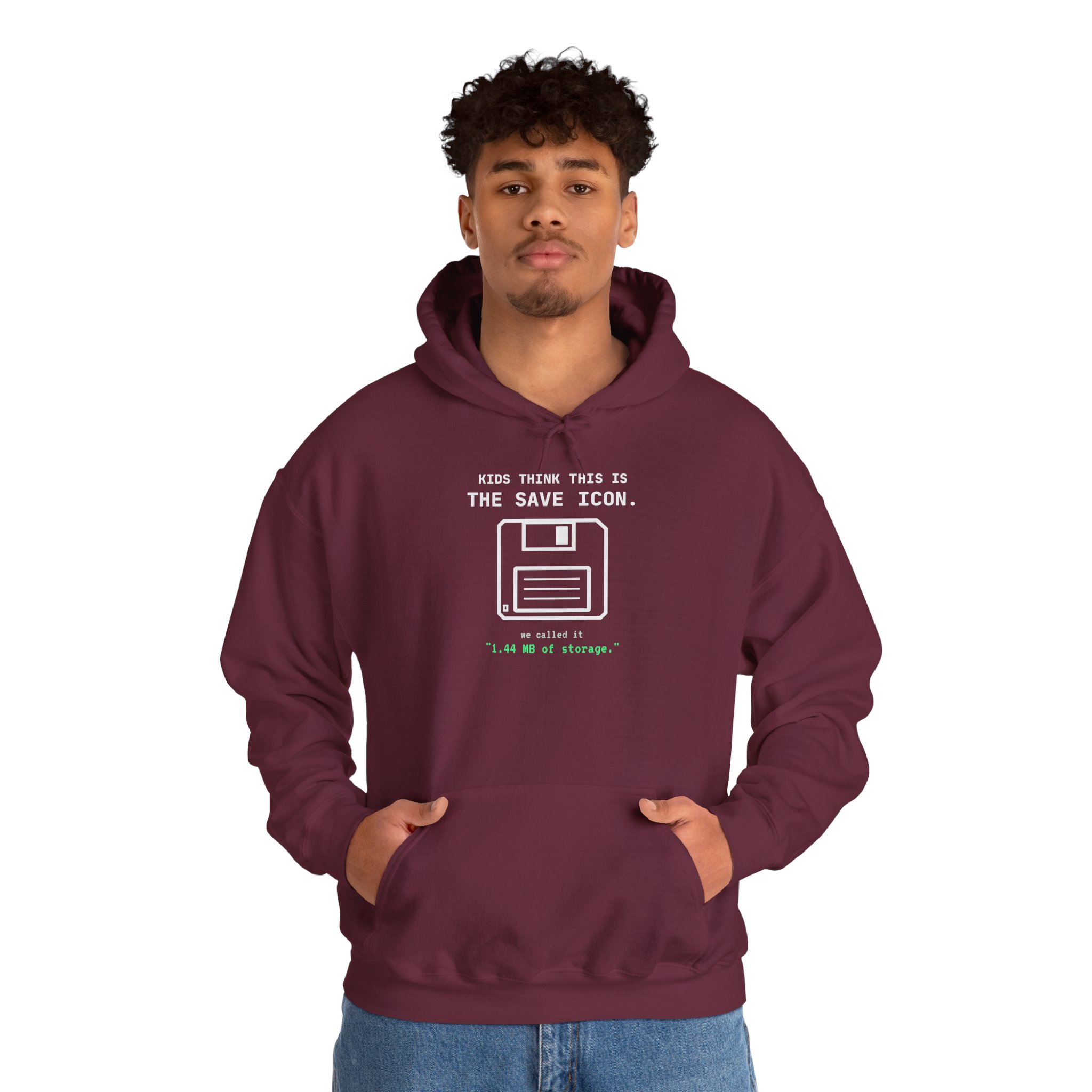 The Original Save Icon hoodie in Maroon, worn by a model, second view