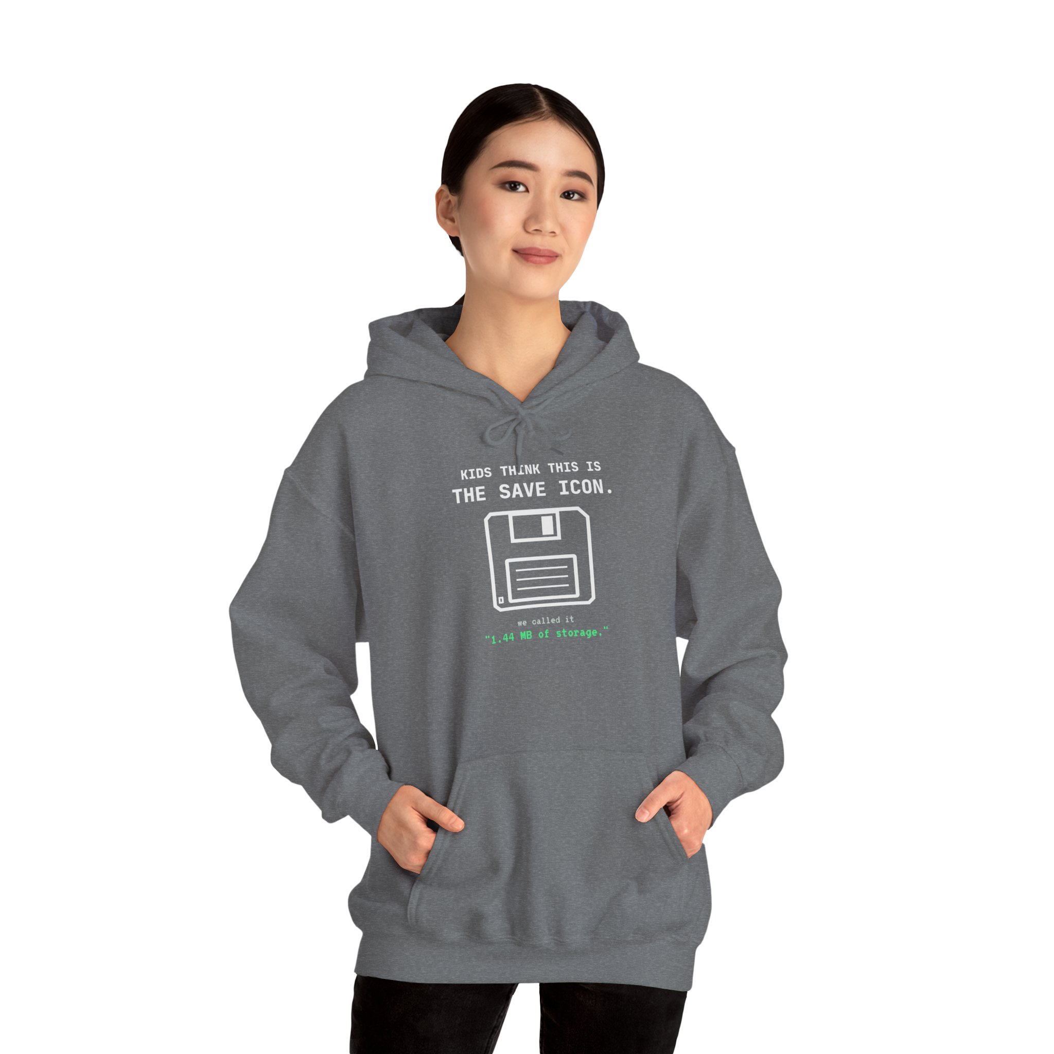 The Original Save Icon hoodie in Graphite Heather, worn by a model