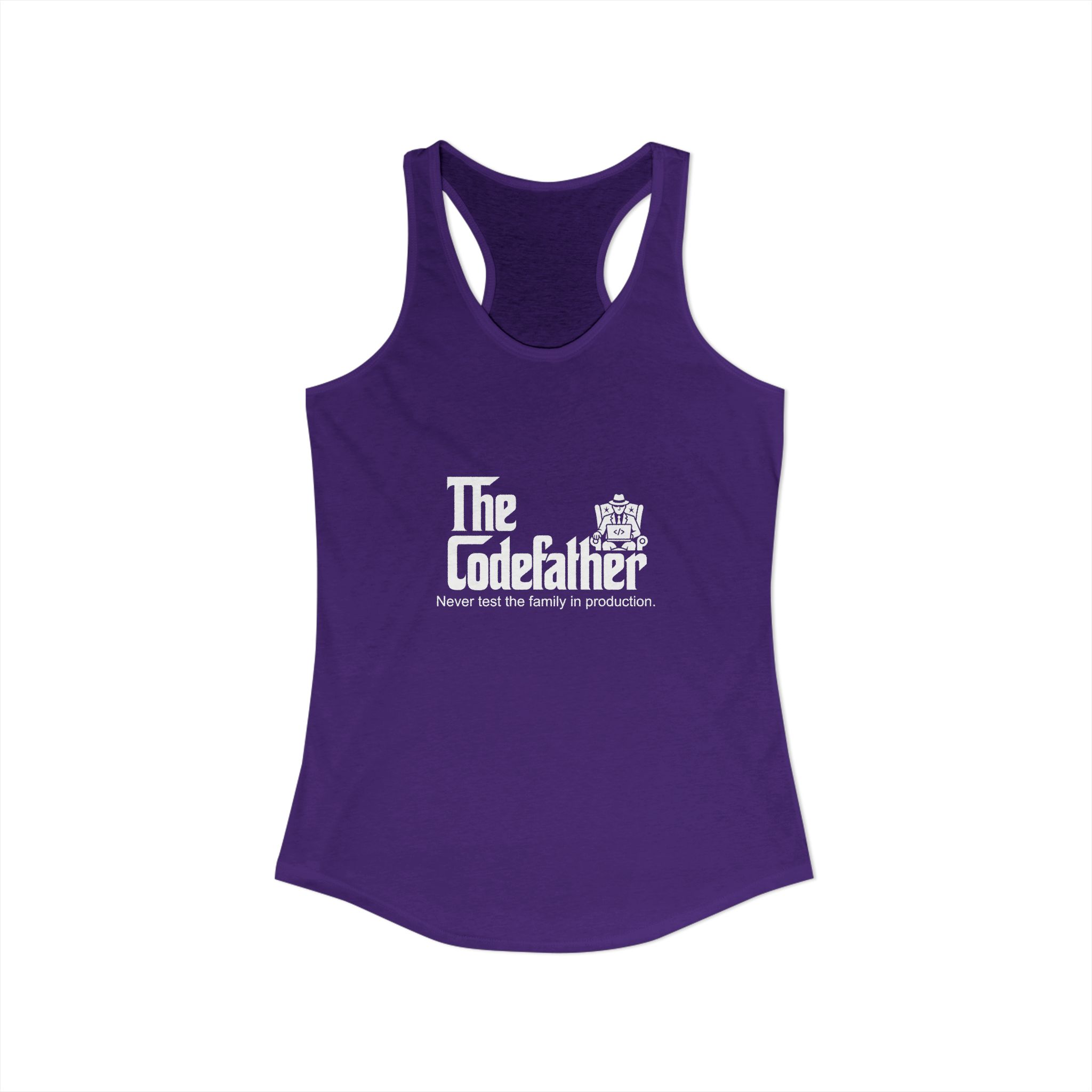The Codefather women's racerback tank in Solid Purple Rush, front view