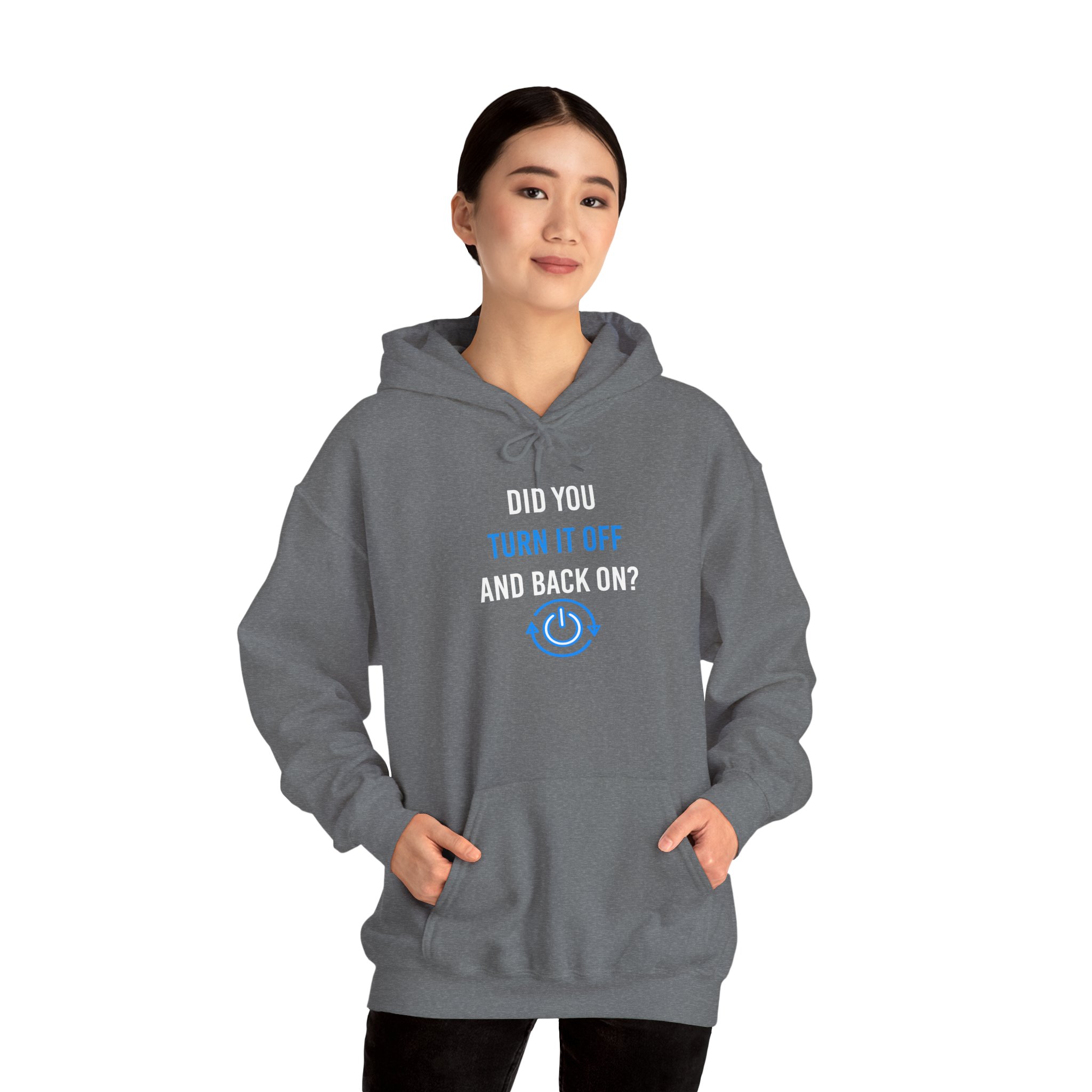 Did You Turn It Off and Back On? hoodie in Graphite Heather, worn by a model