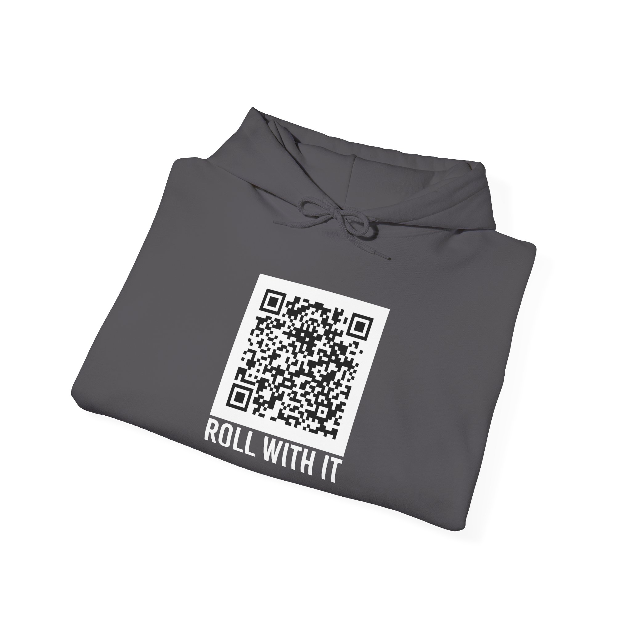 Roll With It QR Code hoodie in Charcoal, folded