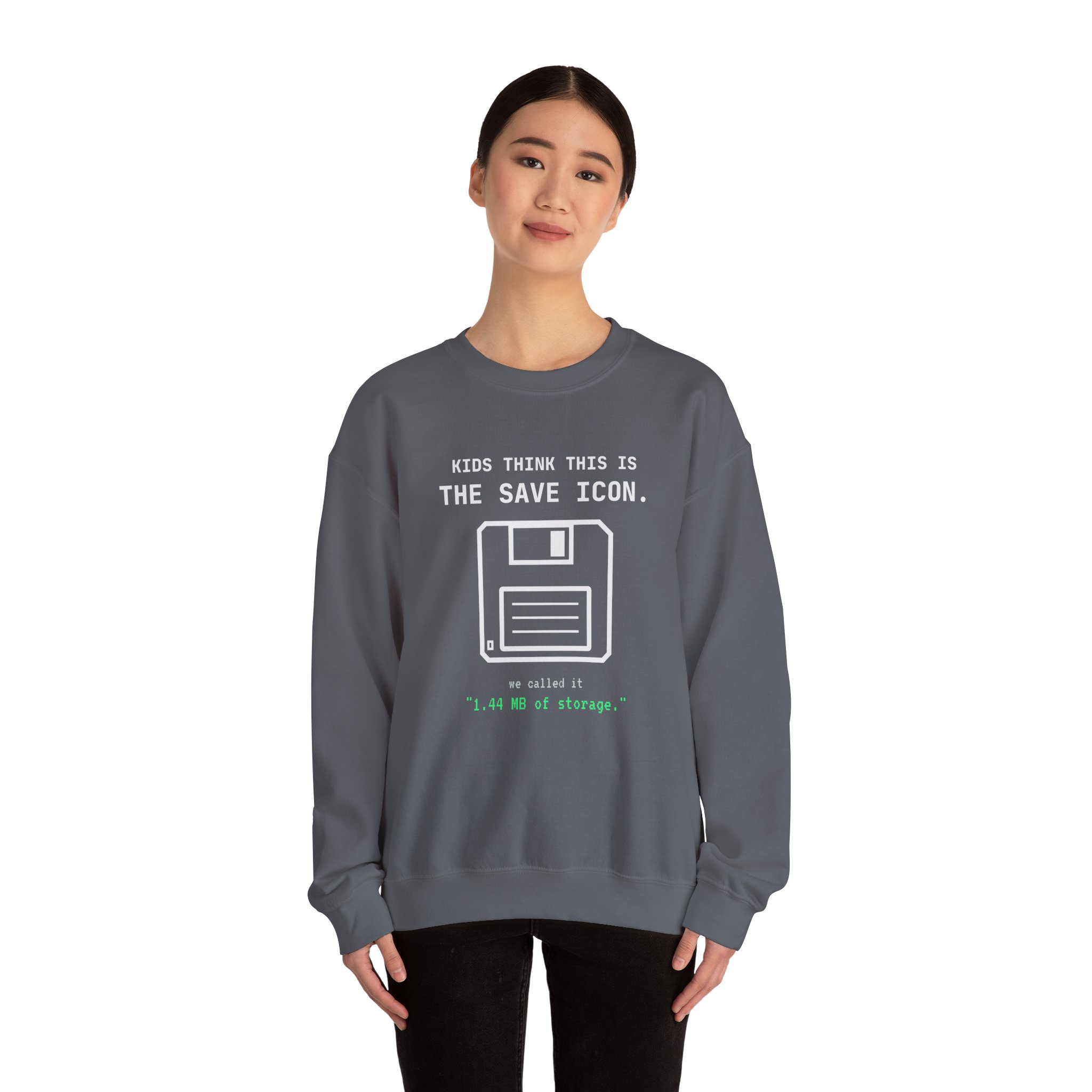 The Original Save Icon crewneck sweatshirt in Charcoal, worn by a model