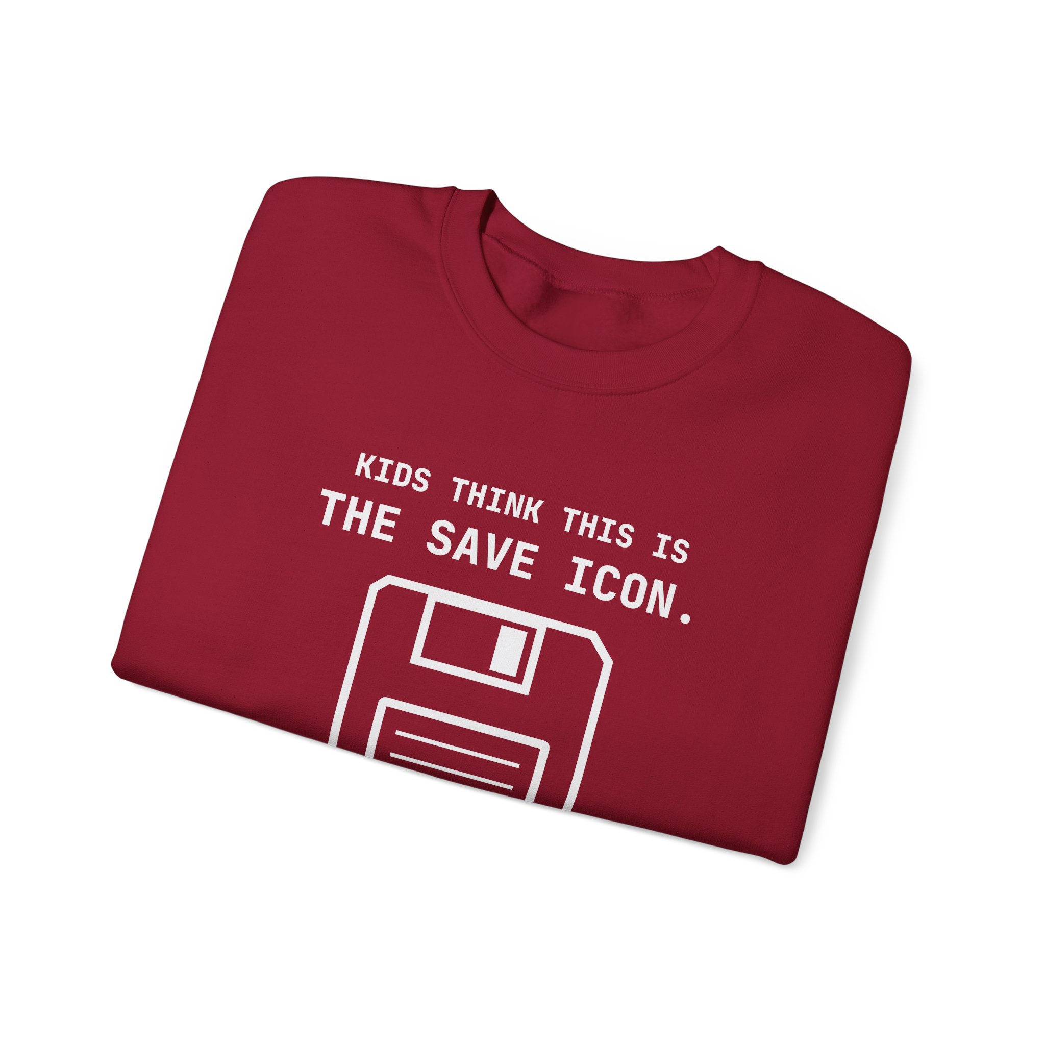 The Original Save Icon crewneck sweatshirt in Cardinal Red, folded