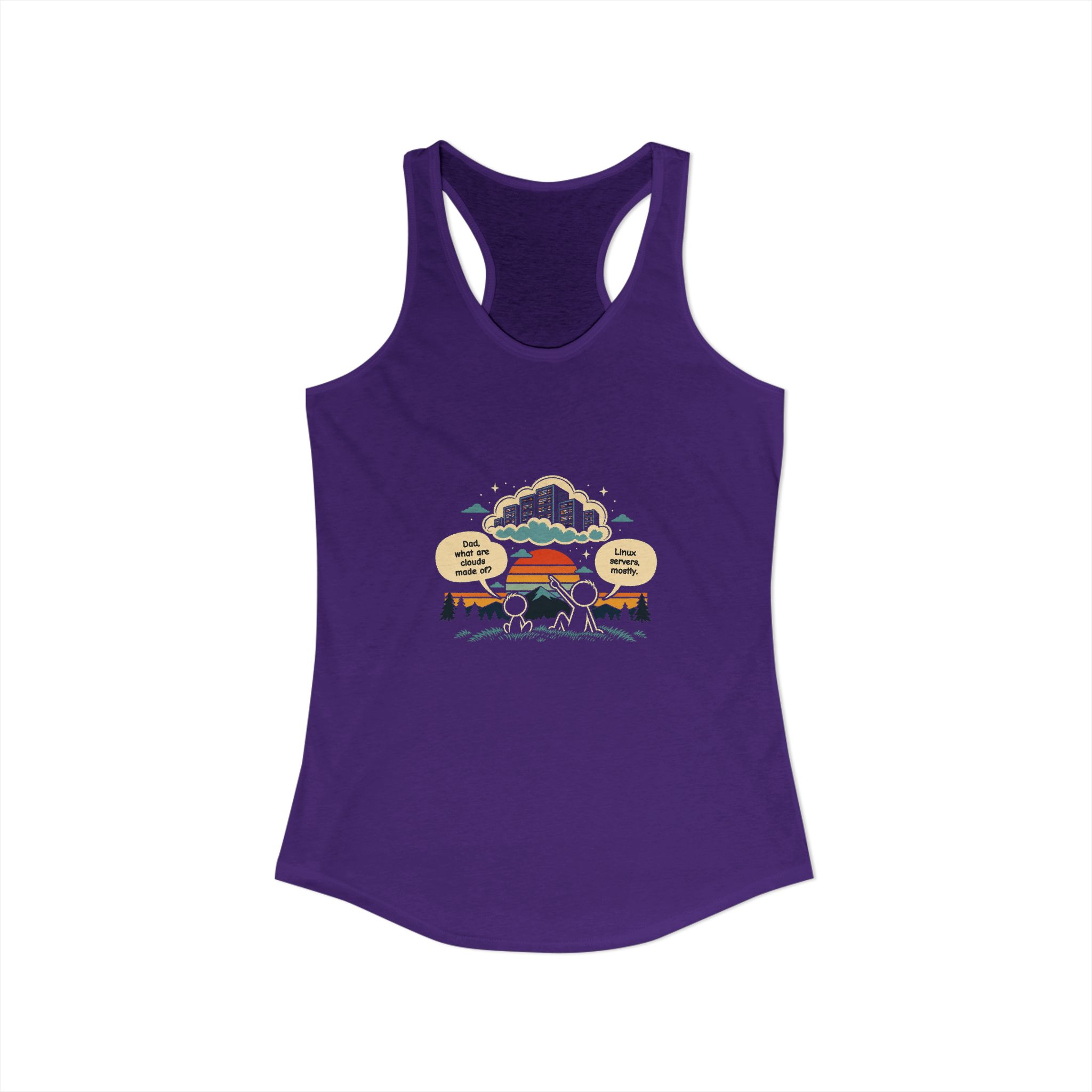 Linux Clouds women's racerback tank in Solid Purple Rush, front view