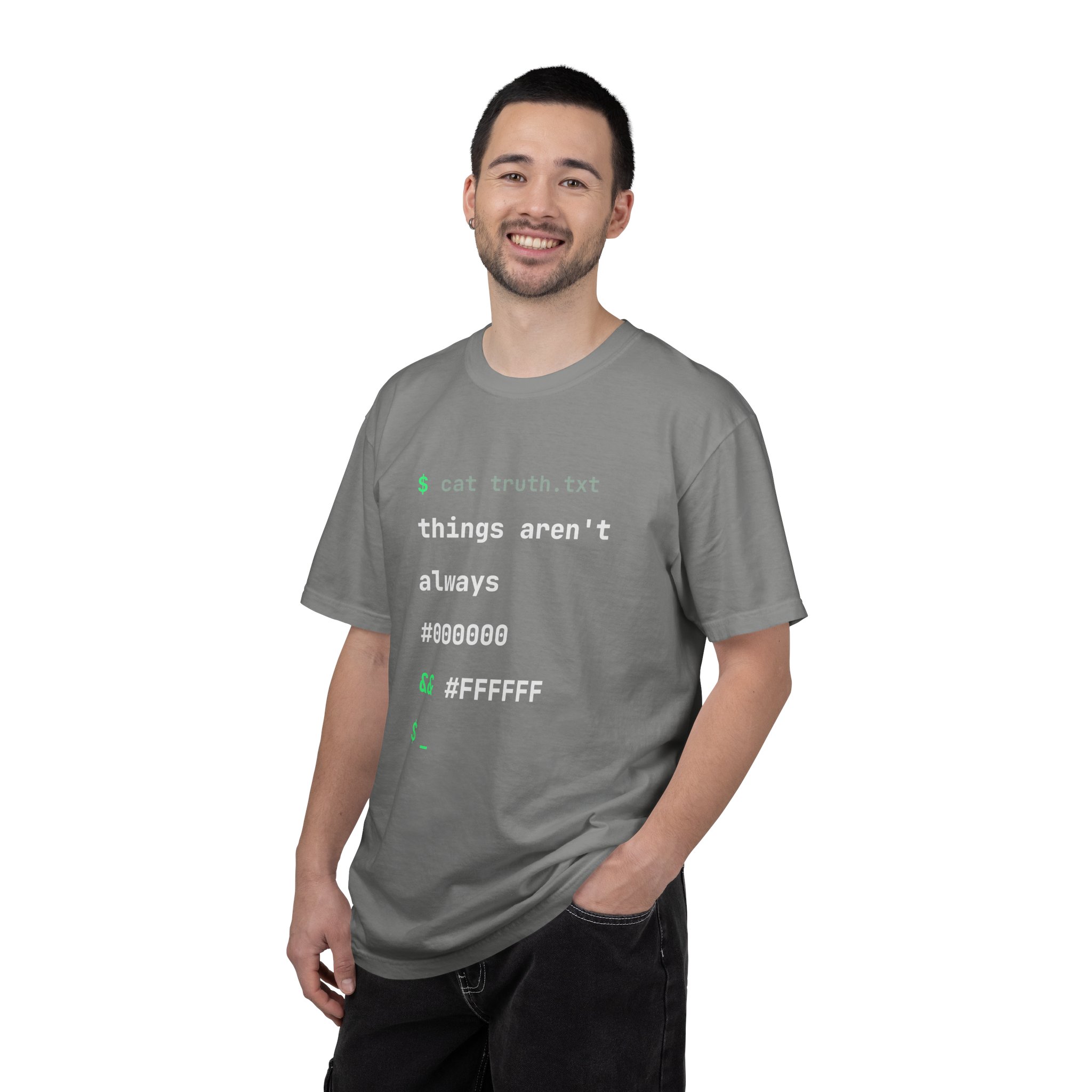 cat truth.txt T-shirt in Granite, worn by a man
