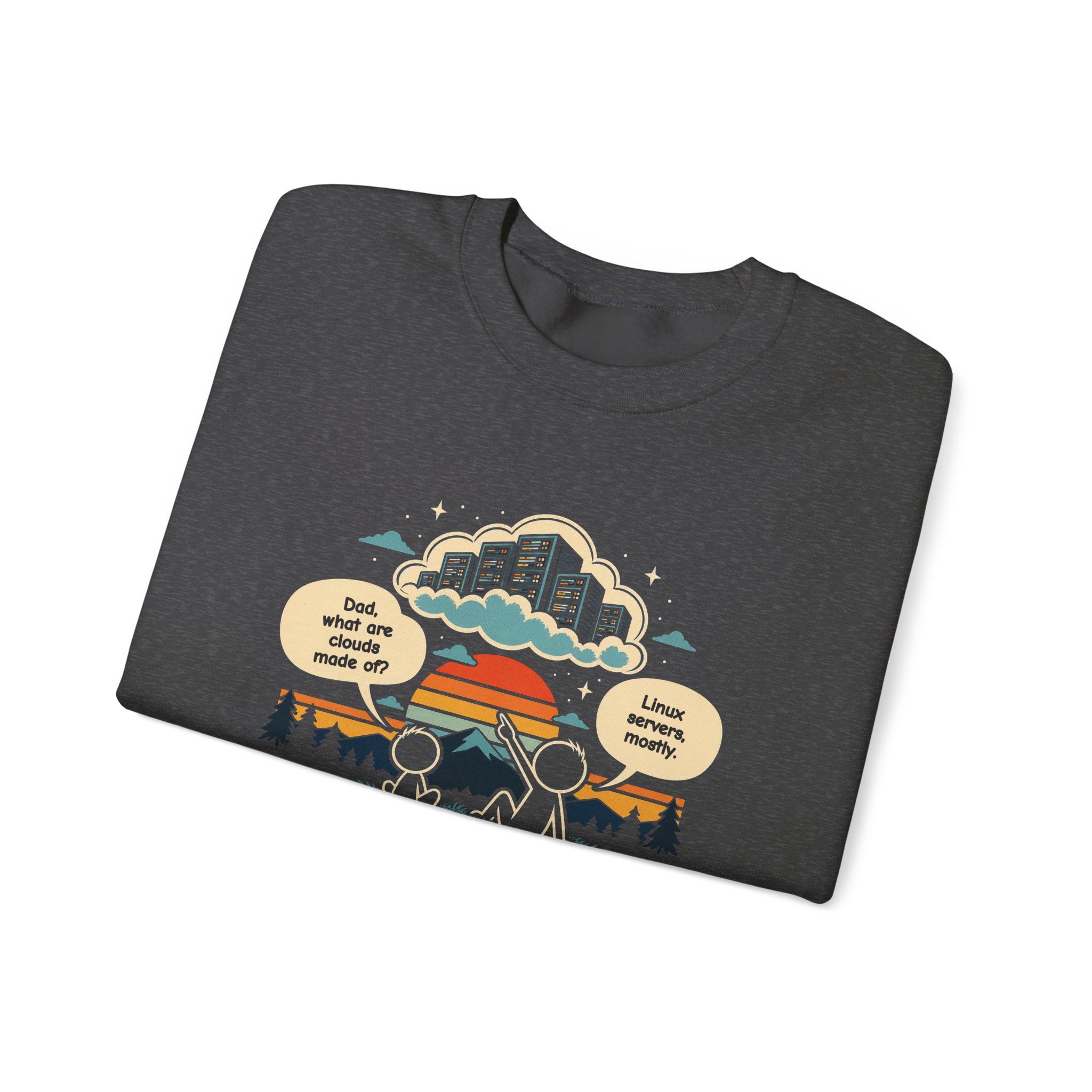 Linux Clouds crewneck sweatshirt in Dark Heather, folded