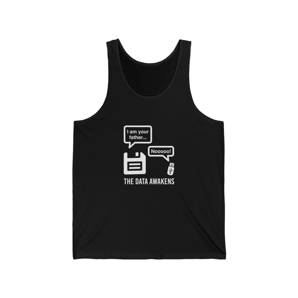 The Data Awakens unisex tank in Black, front view