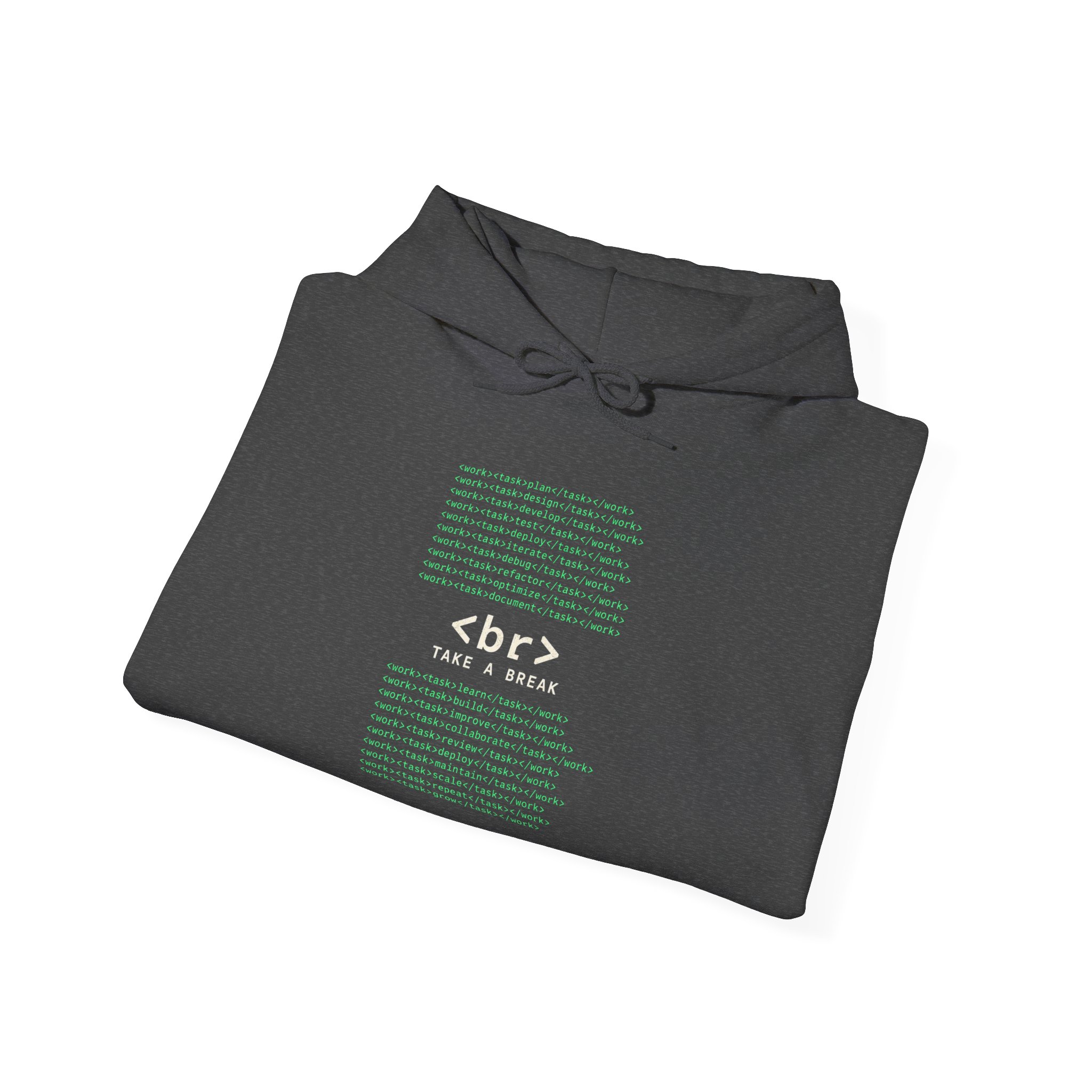 Work Work Break hoodie in Dark Heather, folded