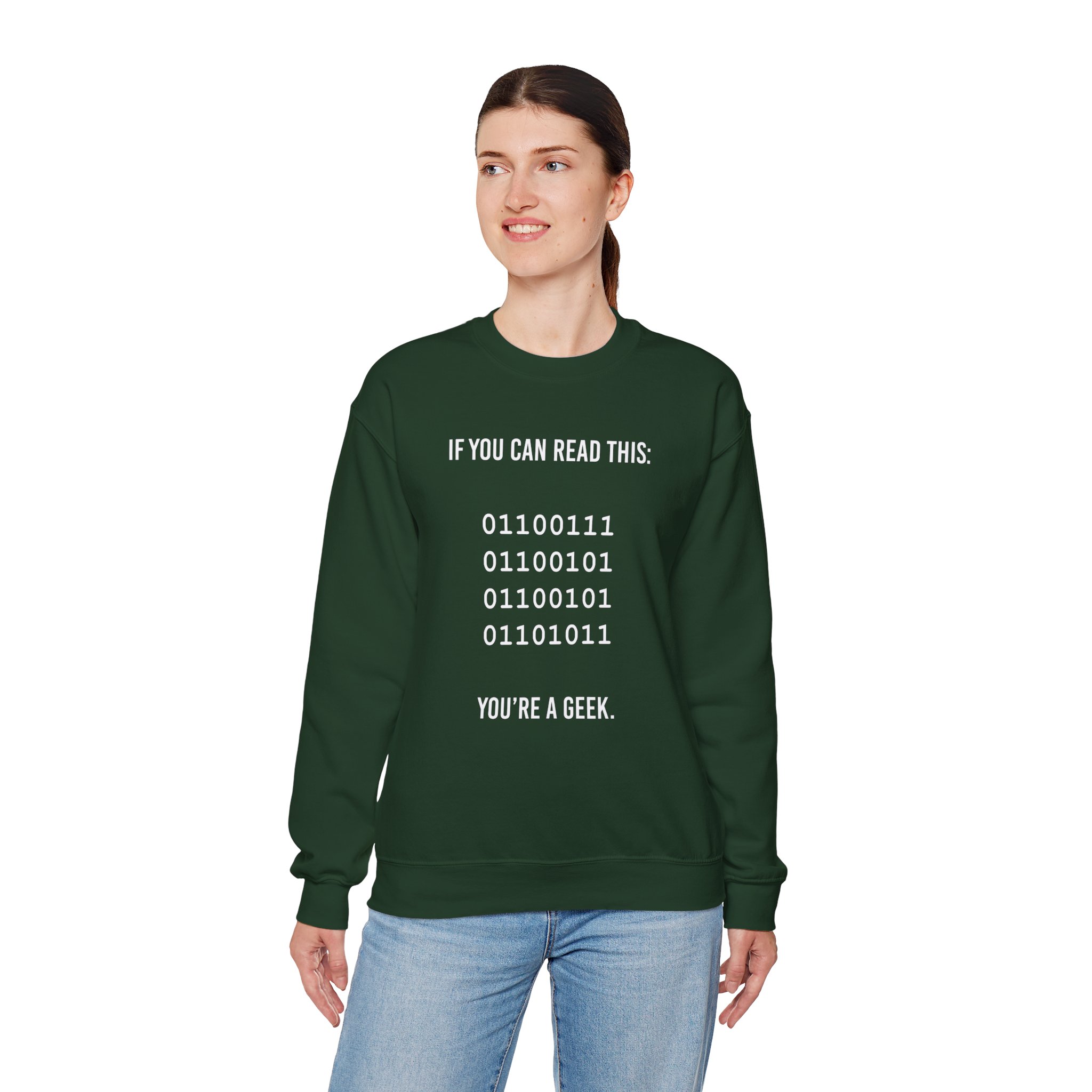 Geek Binary Code crewneck sweatshirt in Forest Green, worn by a model, fourth view