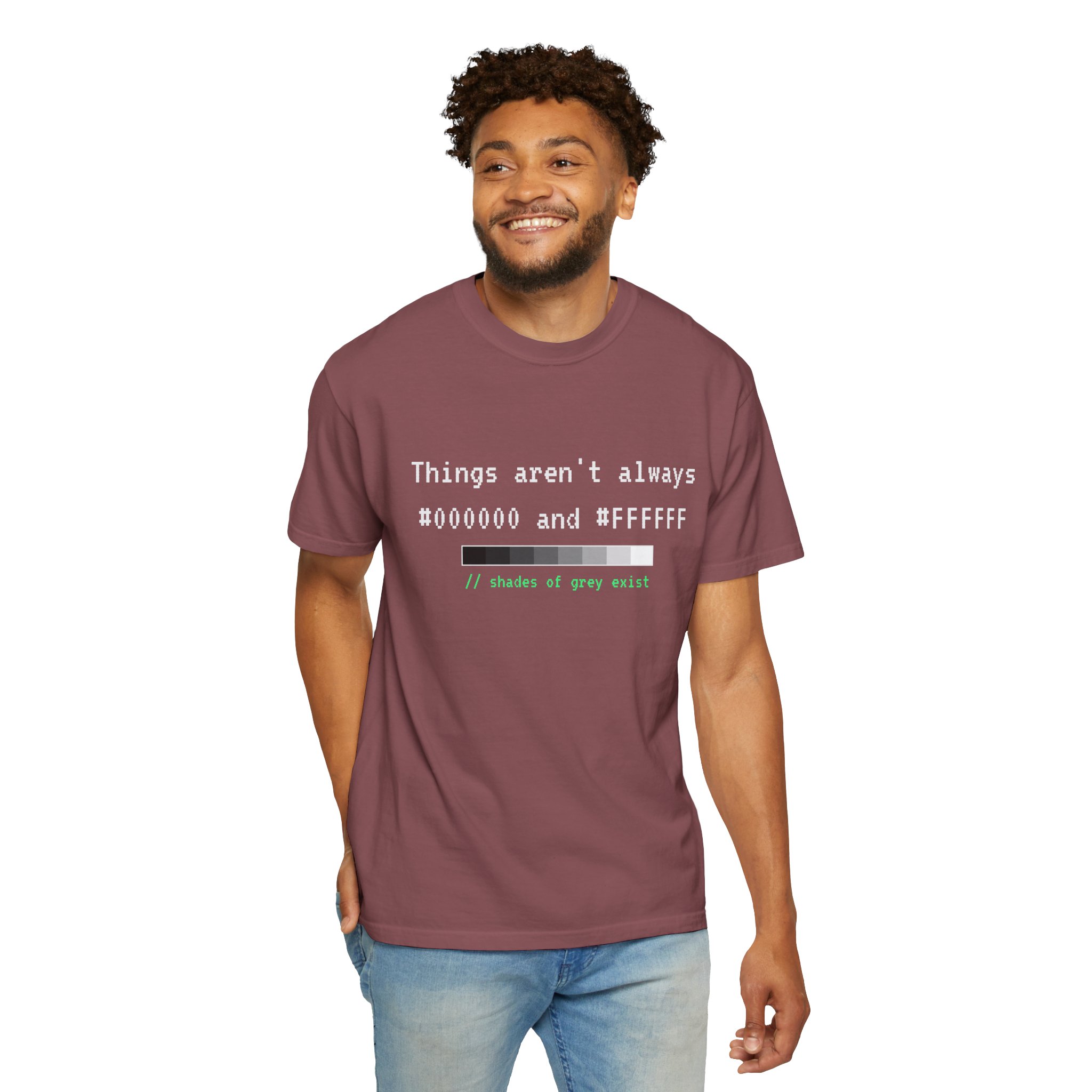 Shades of Grey Exist T-shirt in Brick, worn by a man, second model