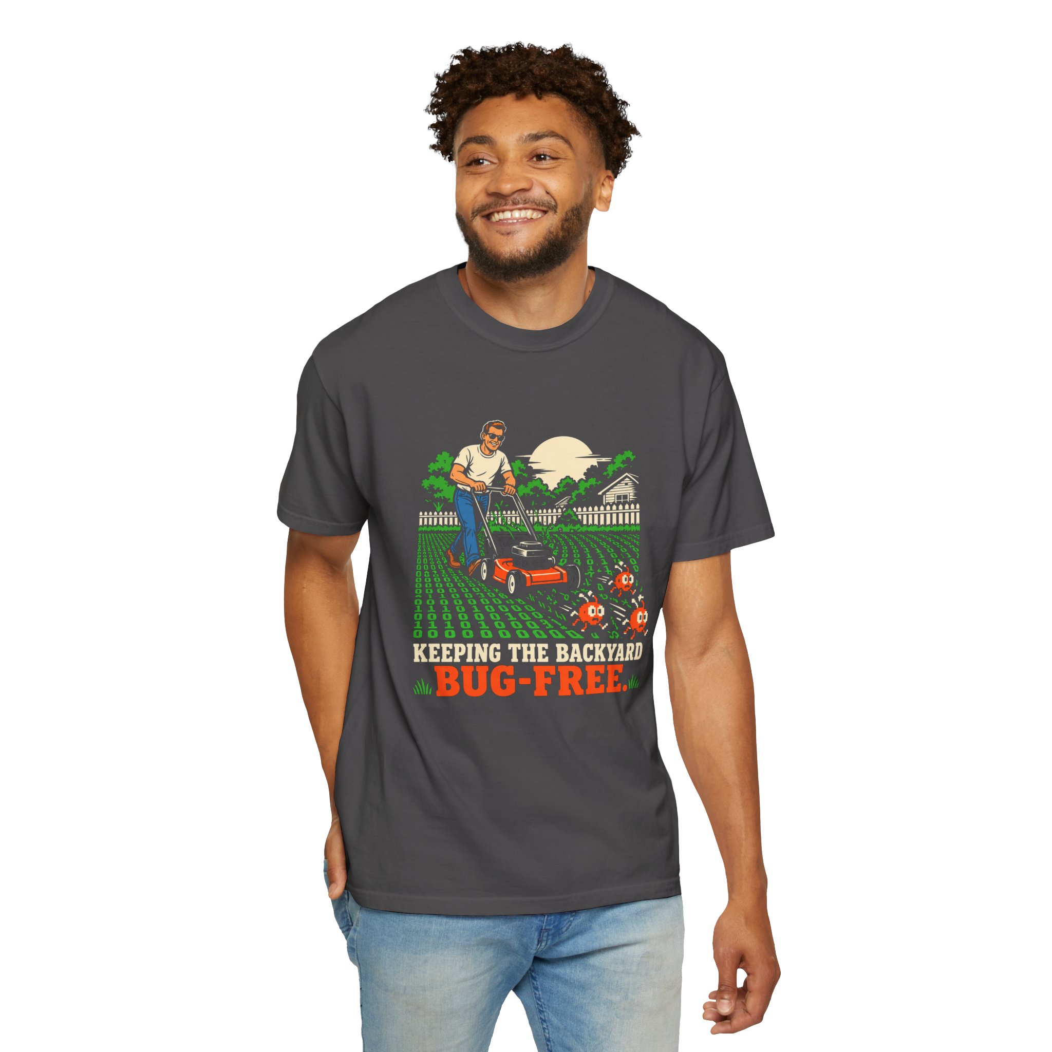 Bug-Free Backyard T-shirt in Graphite, worn by a man, second model