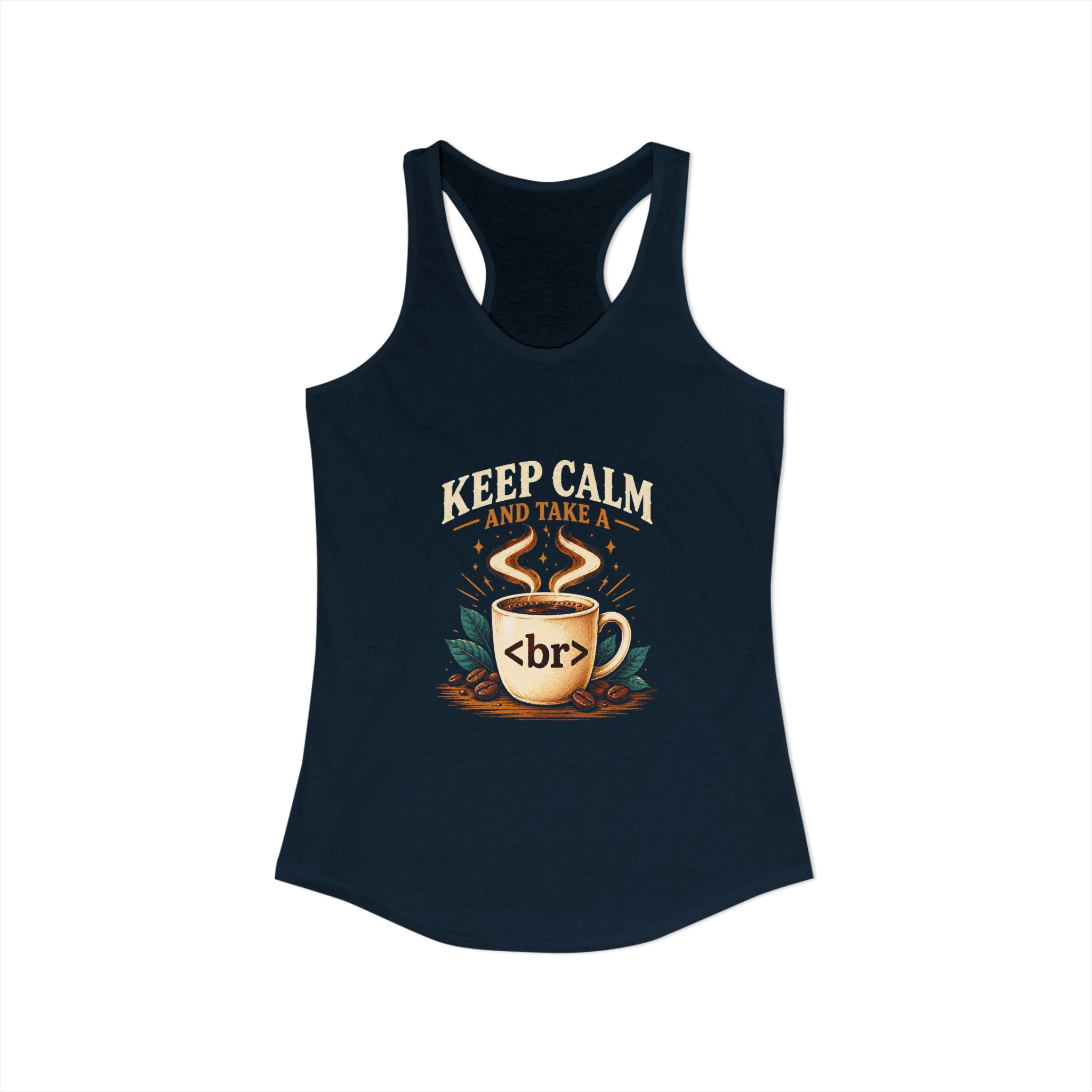 Keep Calm Coffee Break women's racerback tank in Solid Midnight Navy, front view
