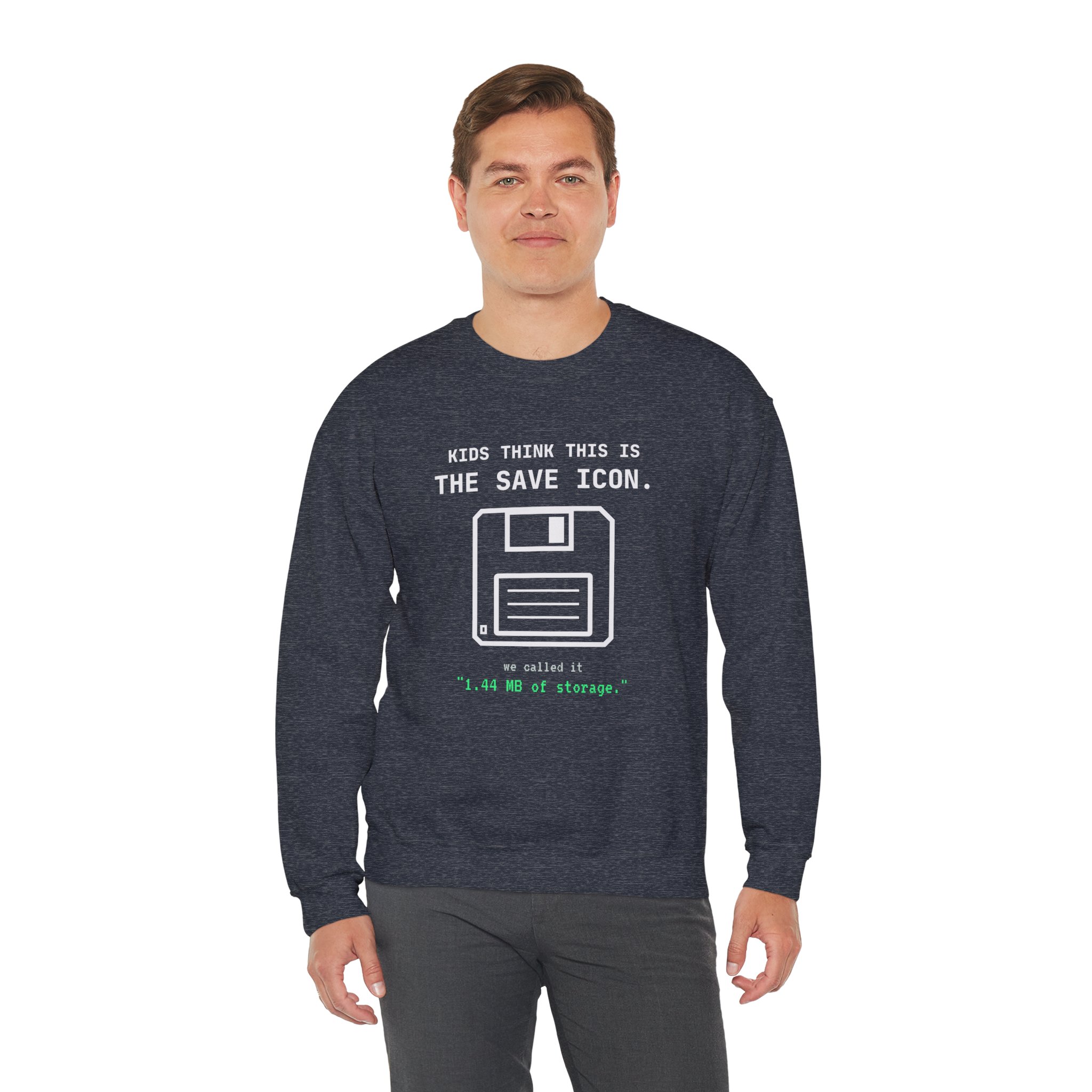 The Original Save Icon crewneck sweatshirt in Heather Sport Dark Navy, worn by a model, third view