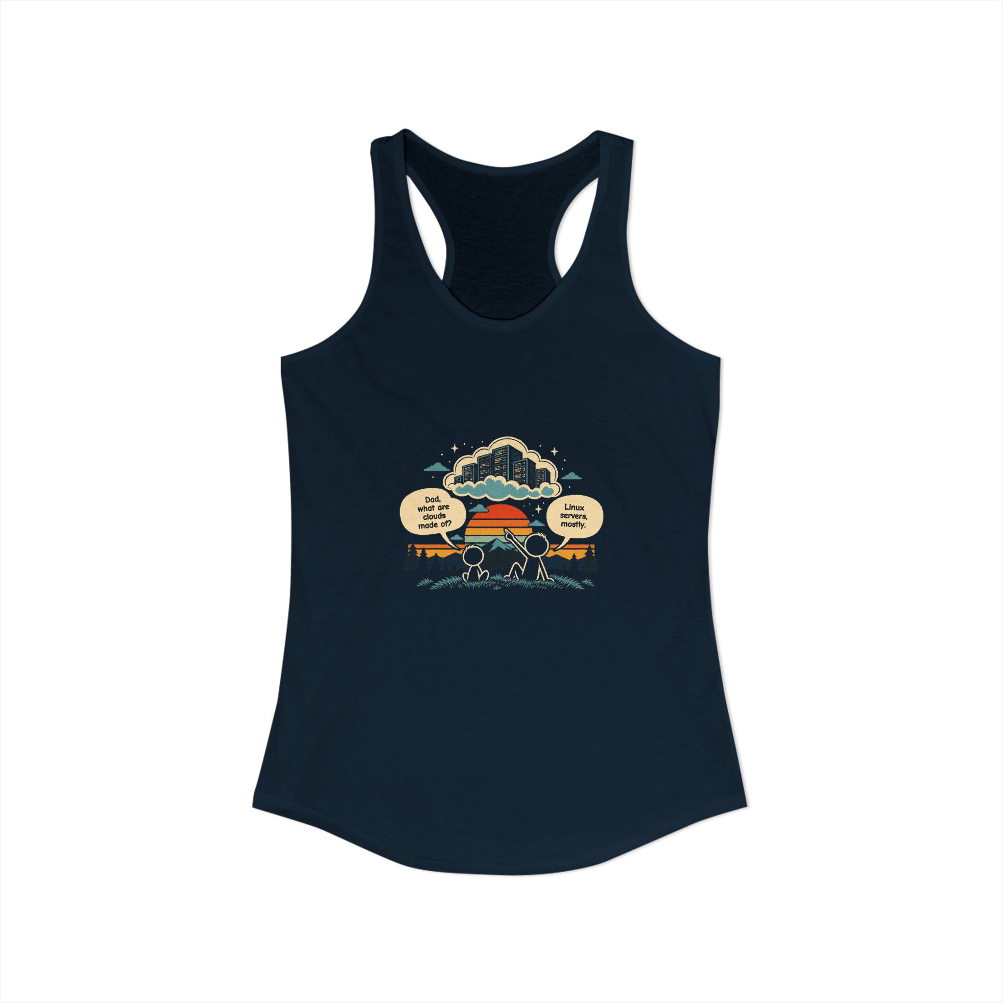 Linux Clouds women's racerback tank in Solid Midnight Navy, front view