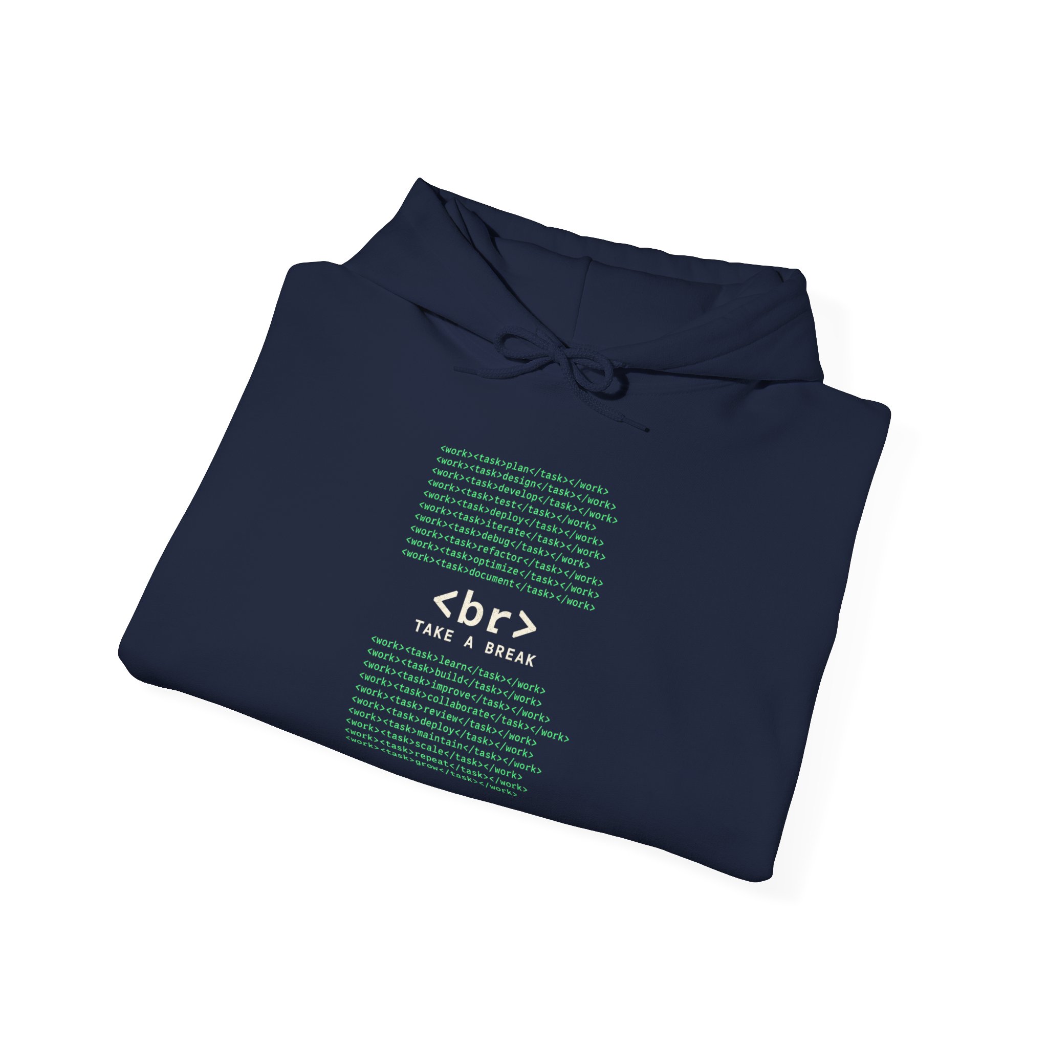 Work Work Break hoodie in Navy, folded
