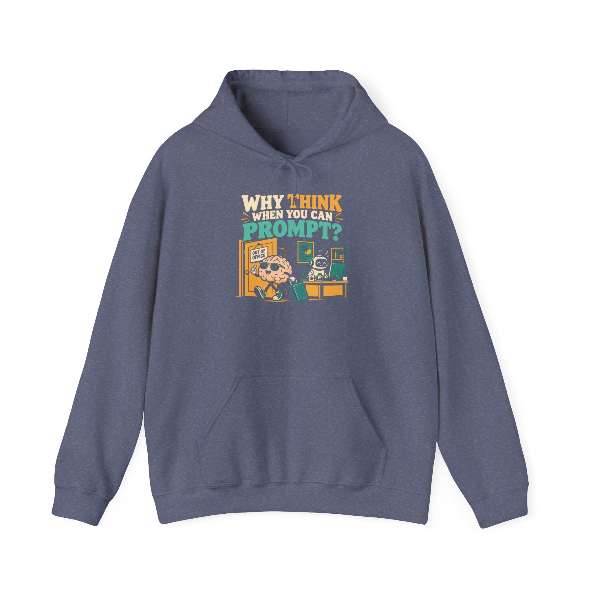 Prompt Out of Office hoodie in Heather Navy, front view