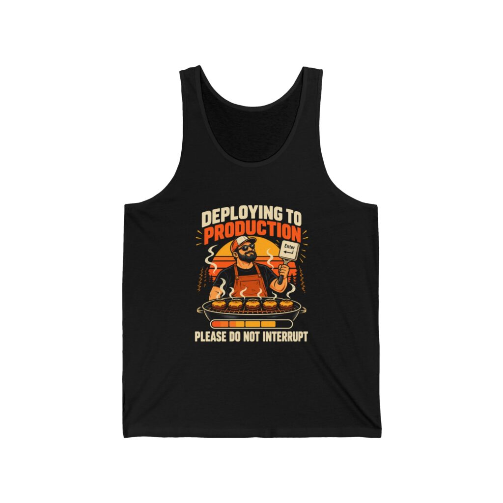 Deploying to Production unisex tank in Black, front view