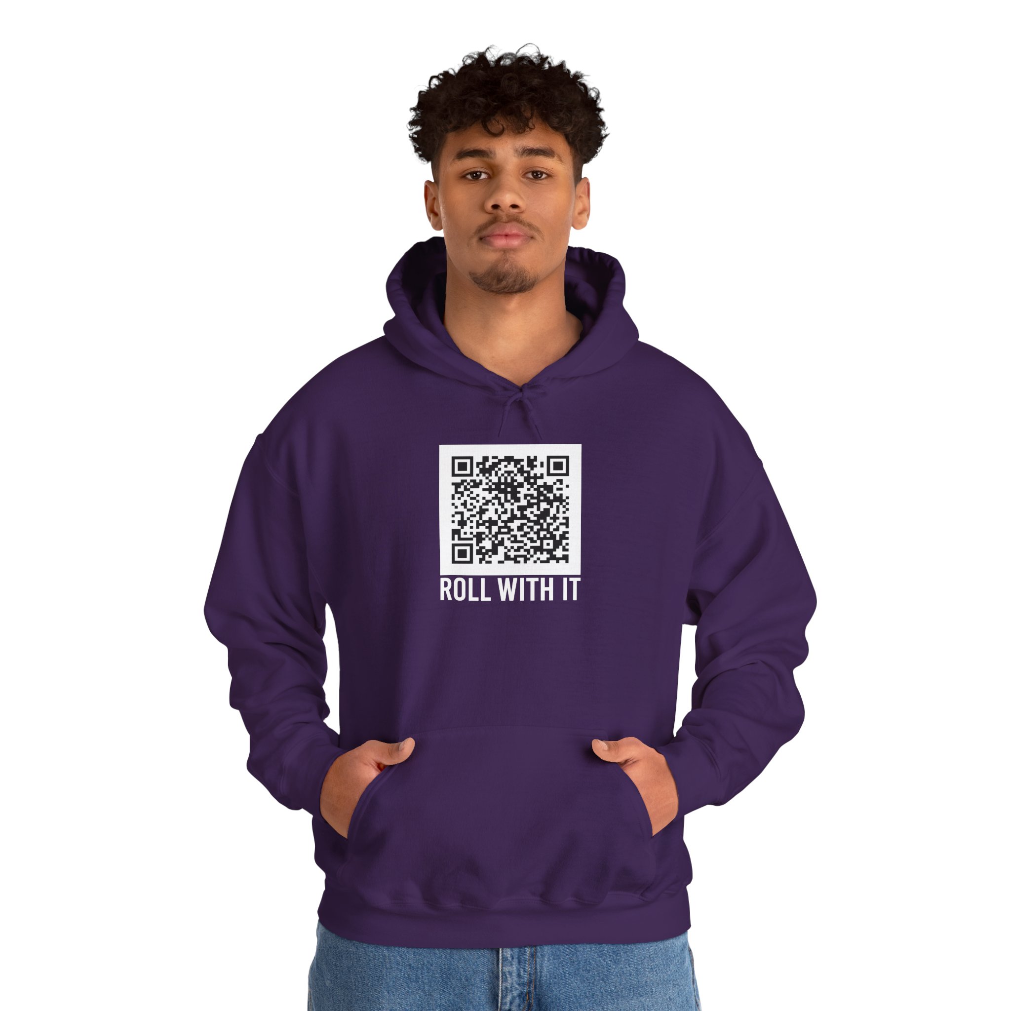 Roll With It QR Code hoodie in Purple, worn by a model, second view