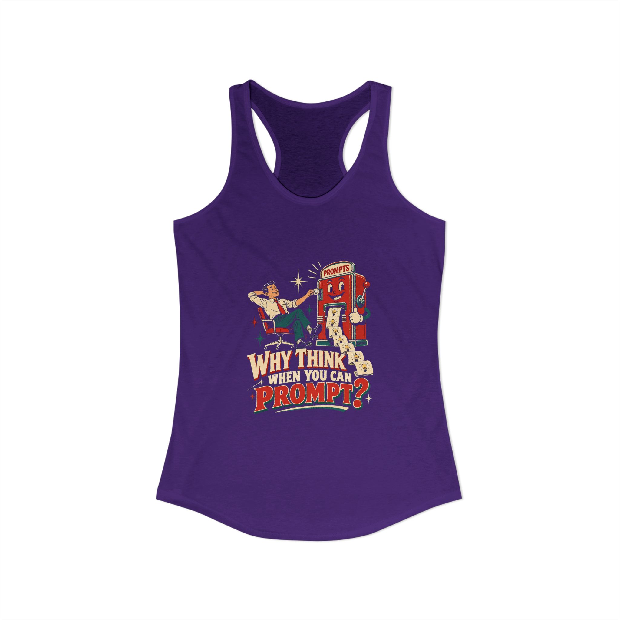 Prompt Machine women's racerback tank in Solid Purple Rush, front view