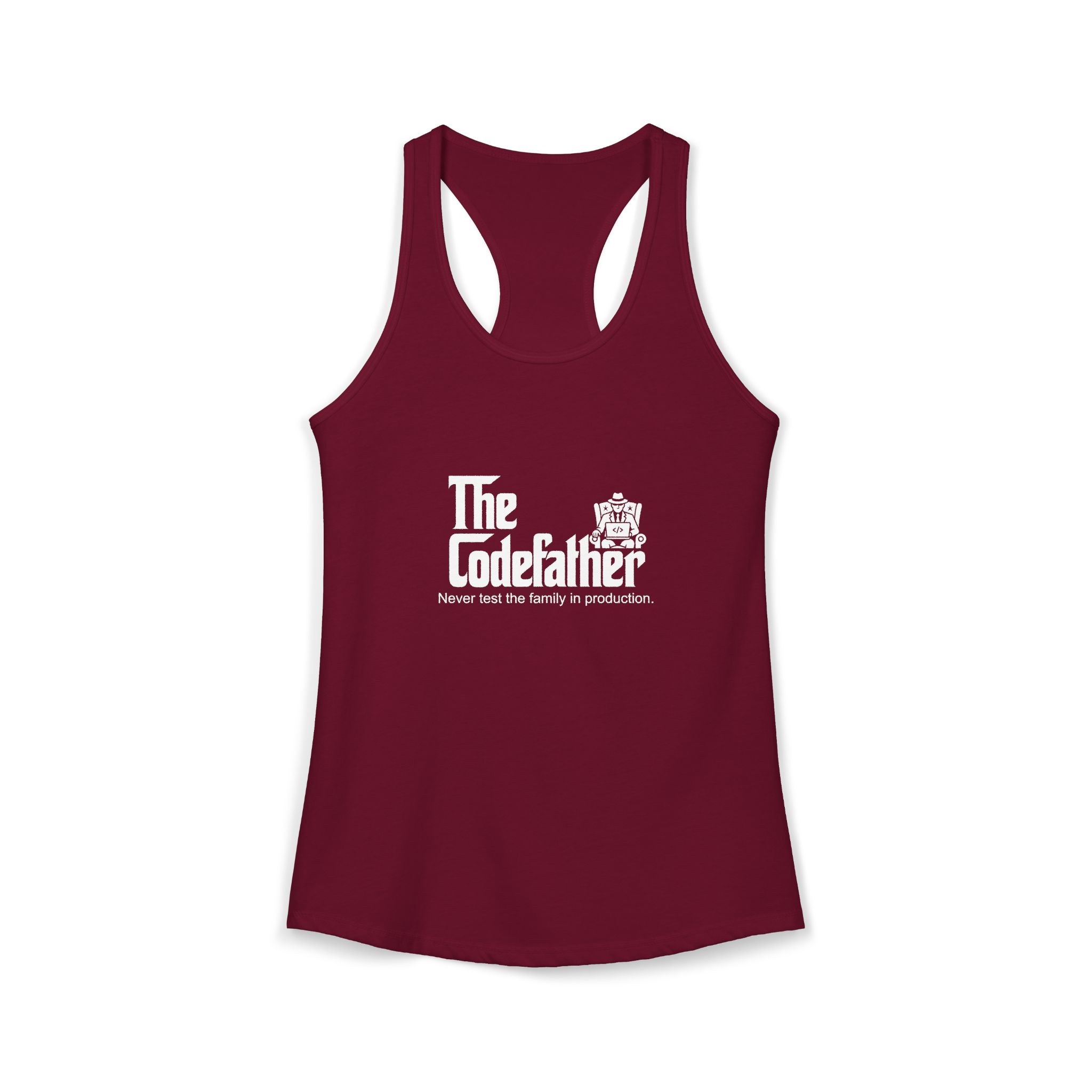The Codefather women's racerback tank in Solid Cardinal Red, front 2
