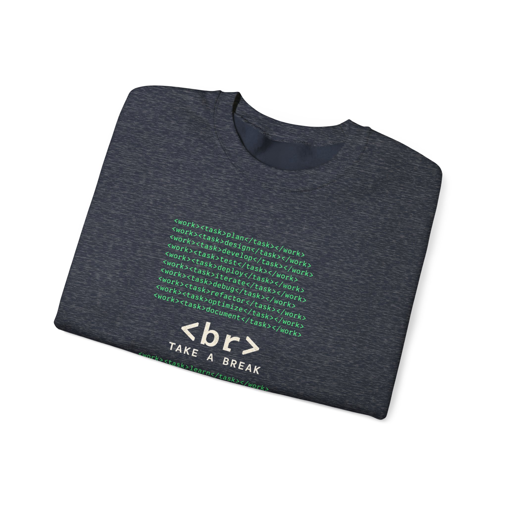 Work Work Break crewneck sweatshirt in Heather Sport Dark Navy, folded