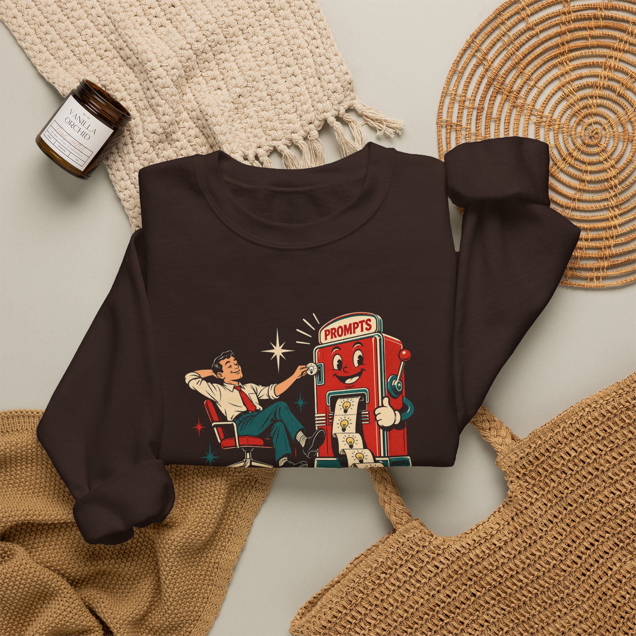 Prompt Machine crewneck sweatshirt in Dark Chocolate, folded 2