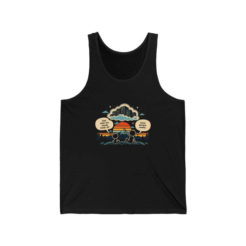 Linux Clouds unisex tank in Black, front view