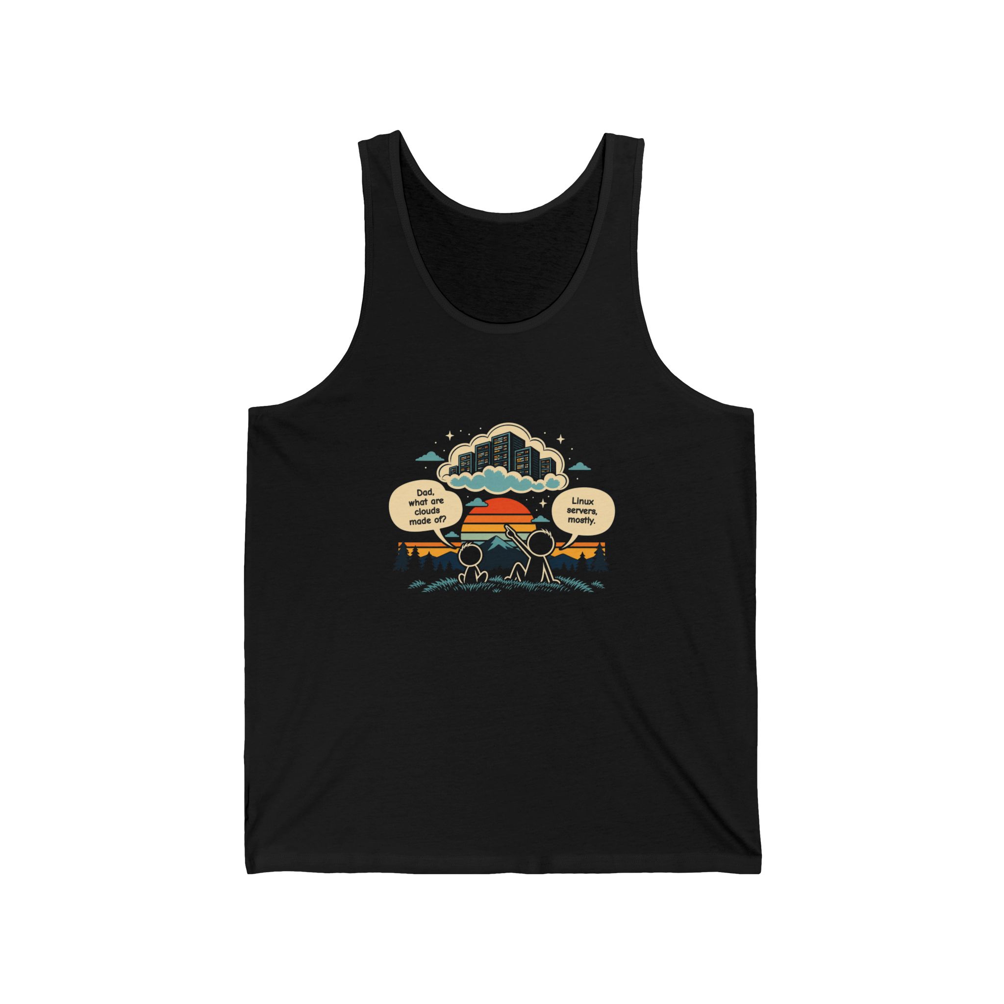 Linux Clouds unisex tank in Black, front view