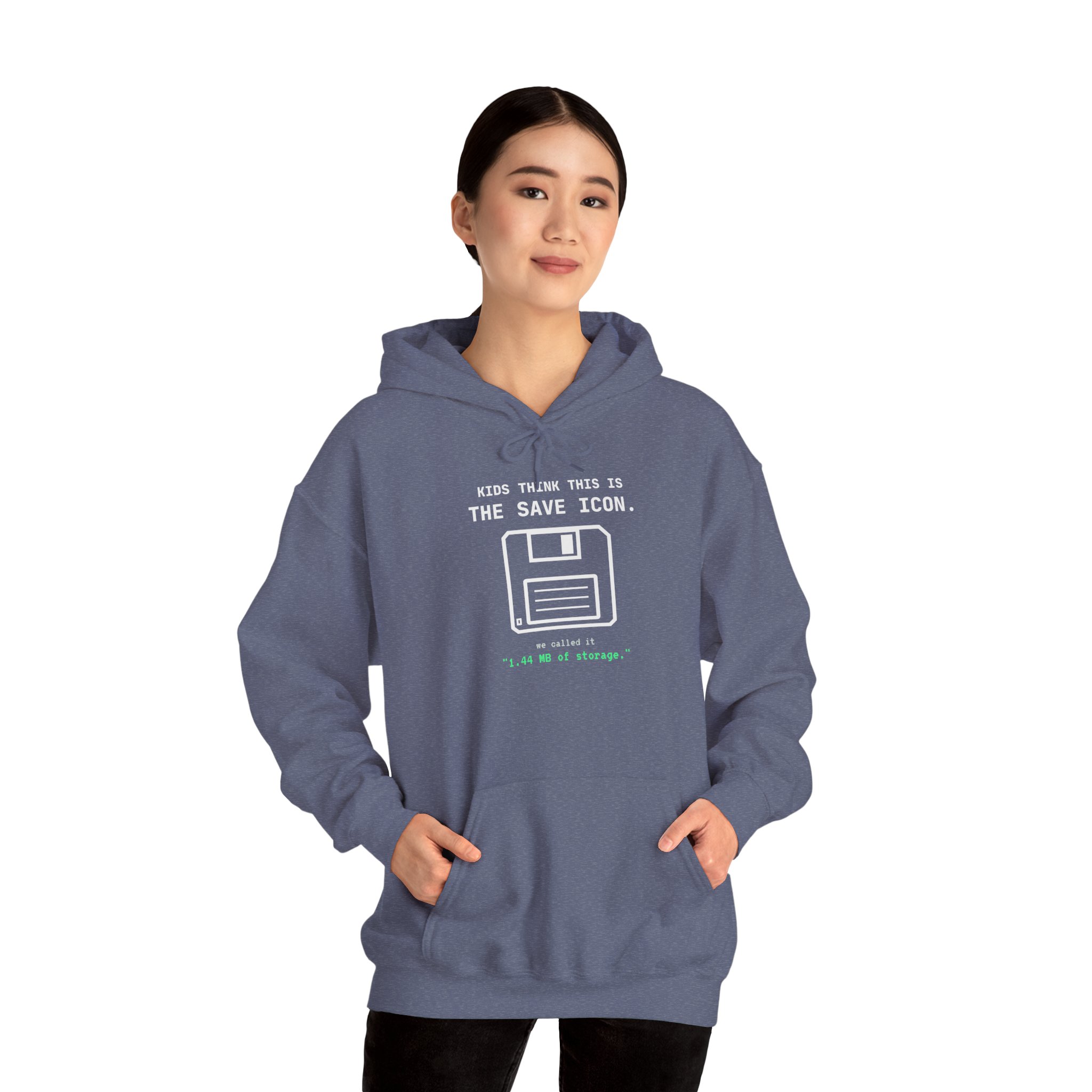 The Original Save Icon hoodie in Heather Navy, worn by a model