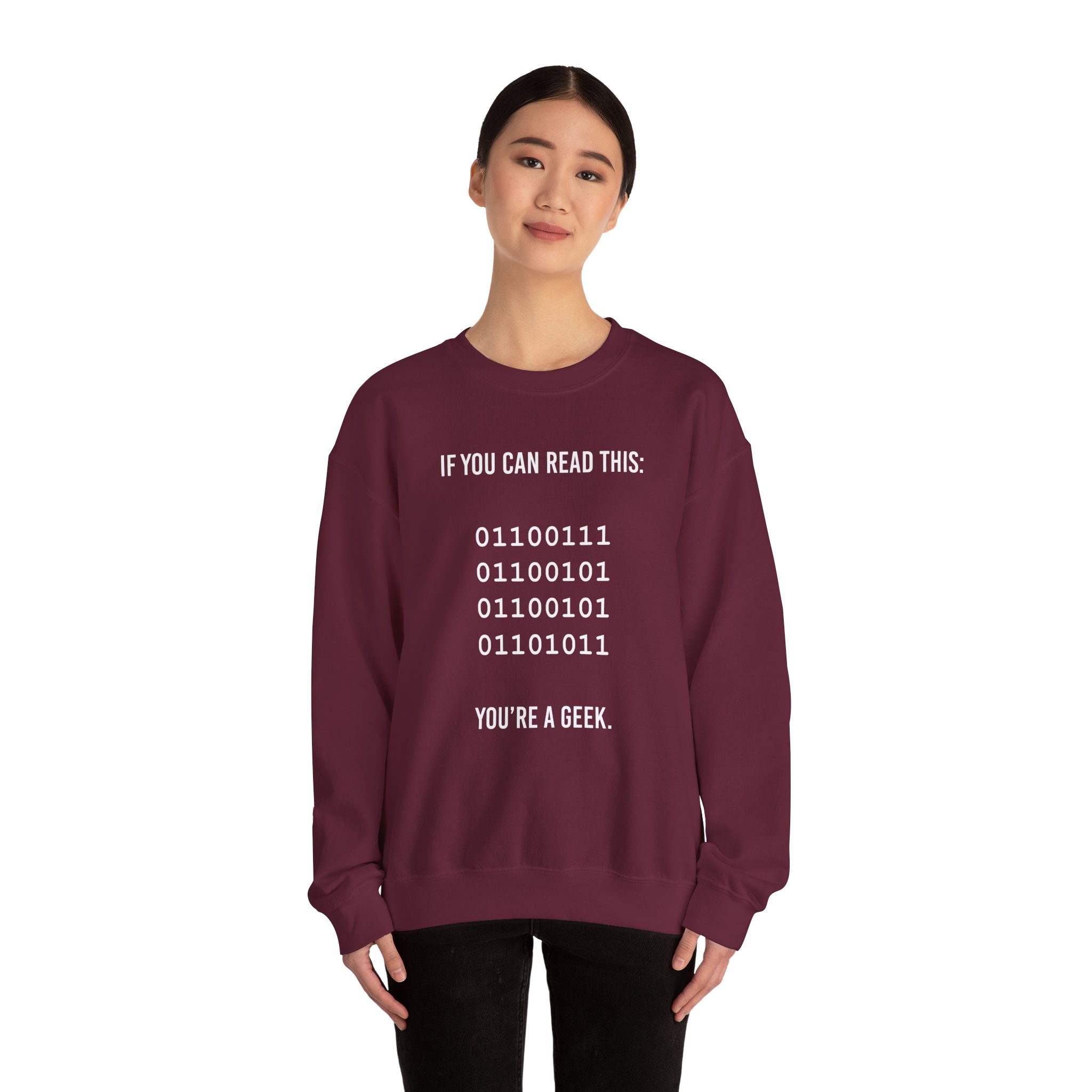 Geek Binary Code crewneck sweatshirt in Maroon, worn by a model