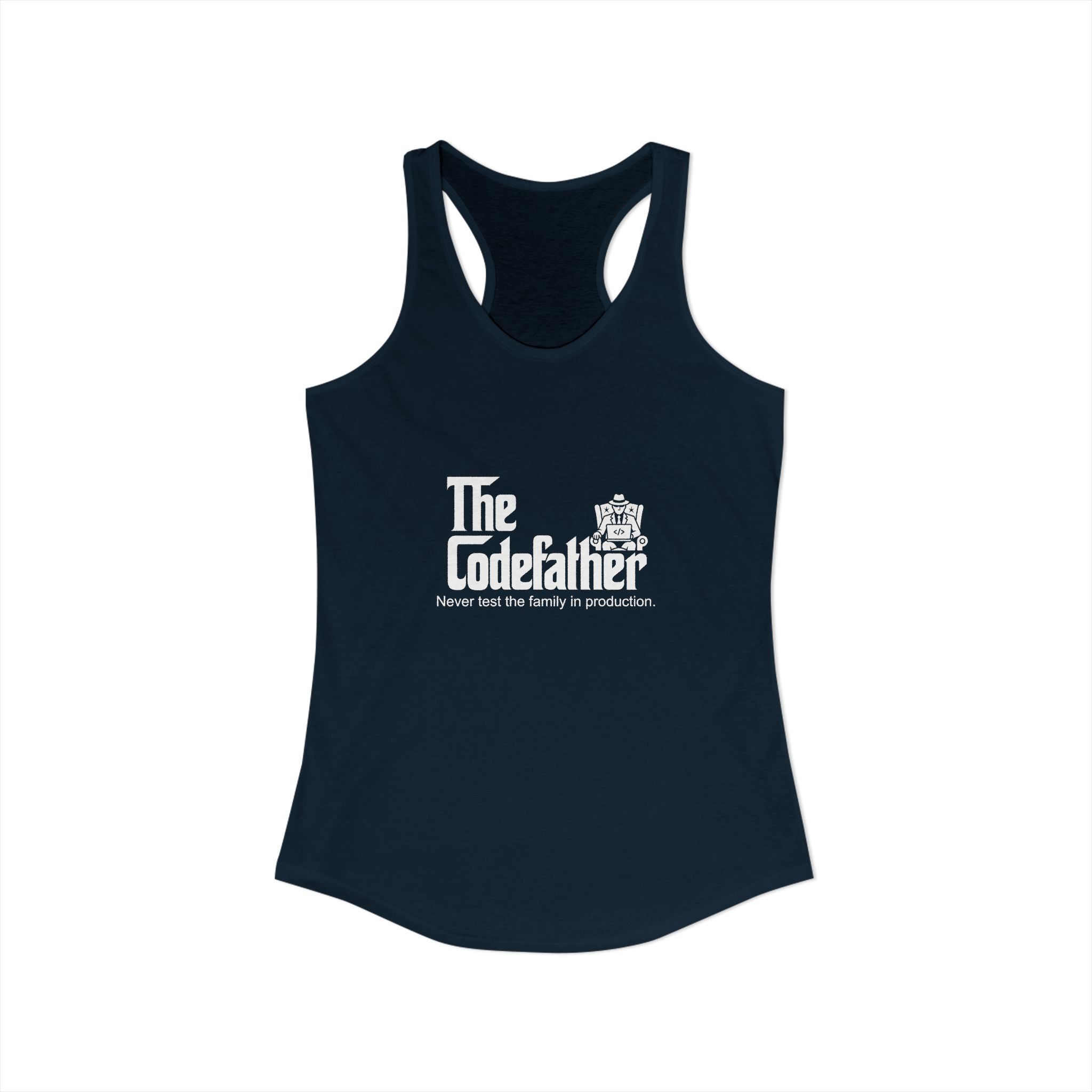 The Codefather women's racerback tank in Solid Midnight Navy, front view