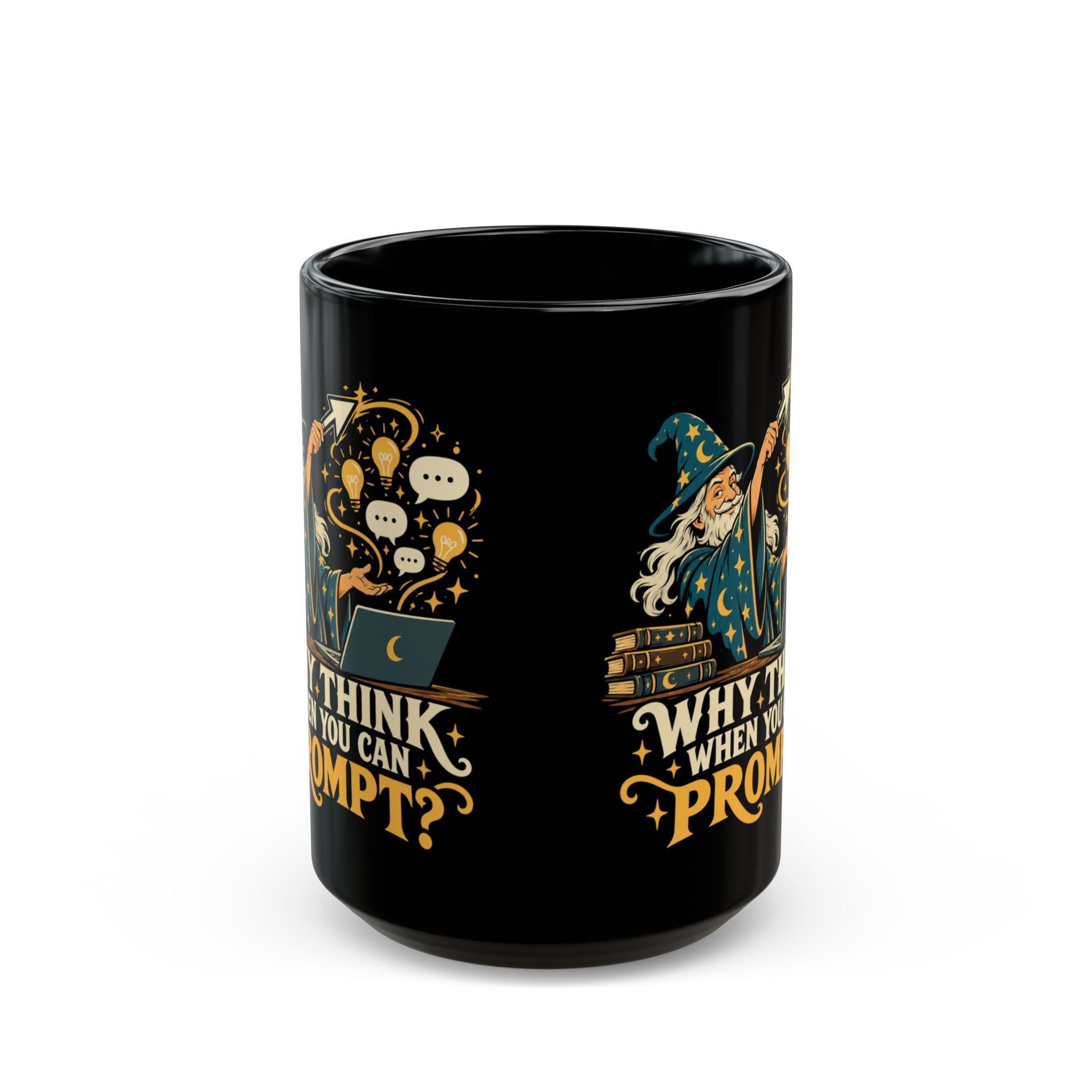 Prompt Wizard black mug, 15 oz, front view