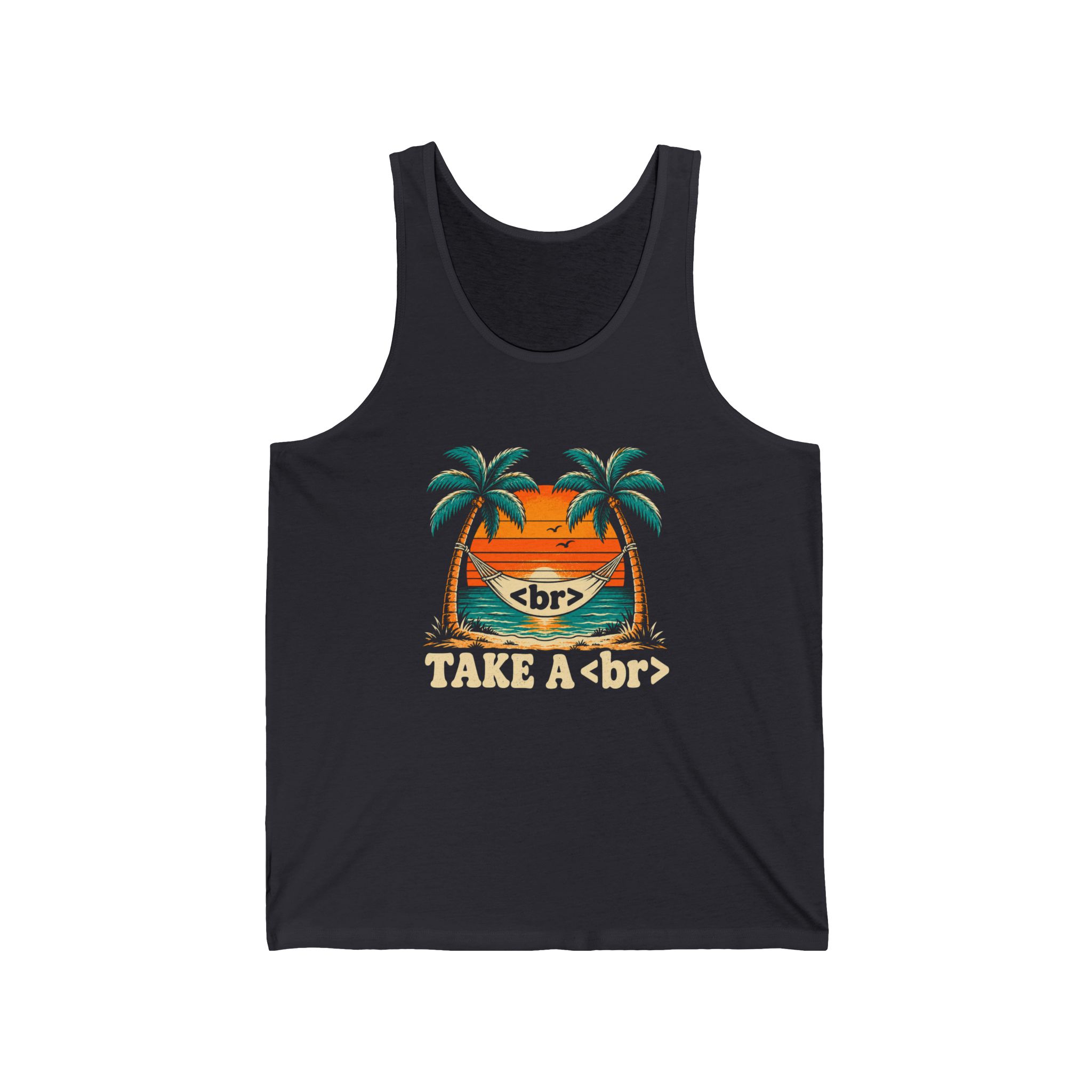 Take a Break Hammock unisex tank in Dark Grey, front view