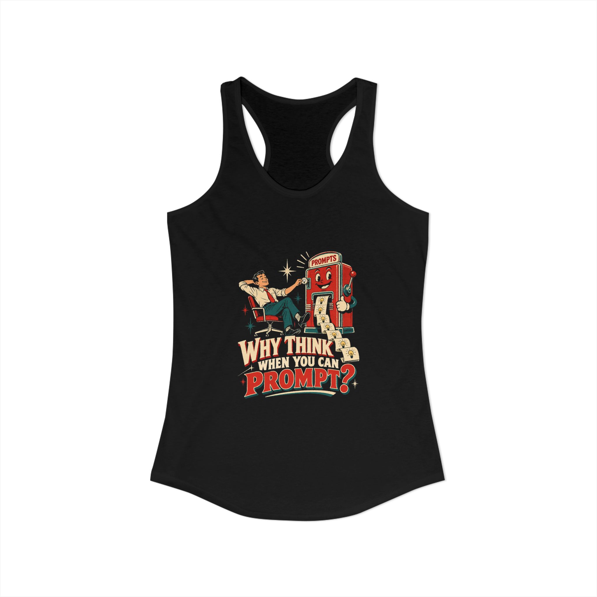 Prompt Machine women's racerback tank in Solid Black, front view