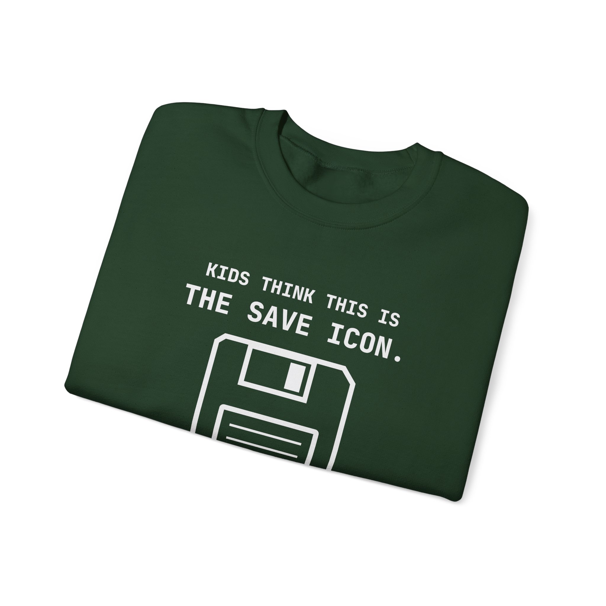 The Original Save Icon crewneck sweatshirt in Forest Green, folded