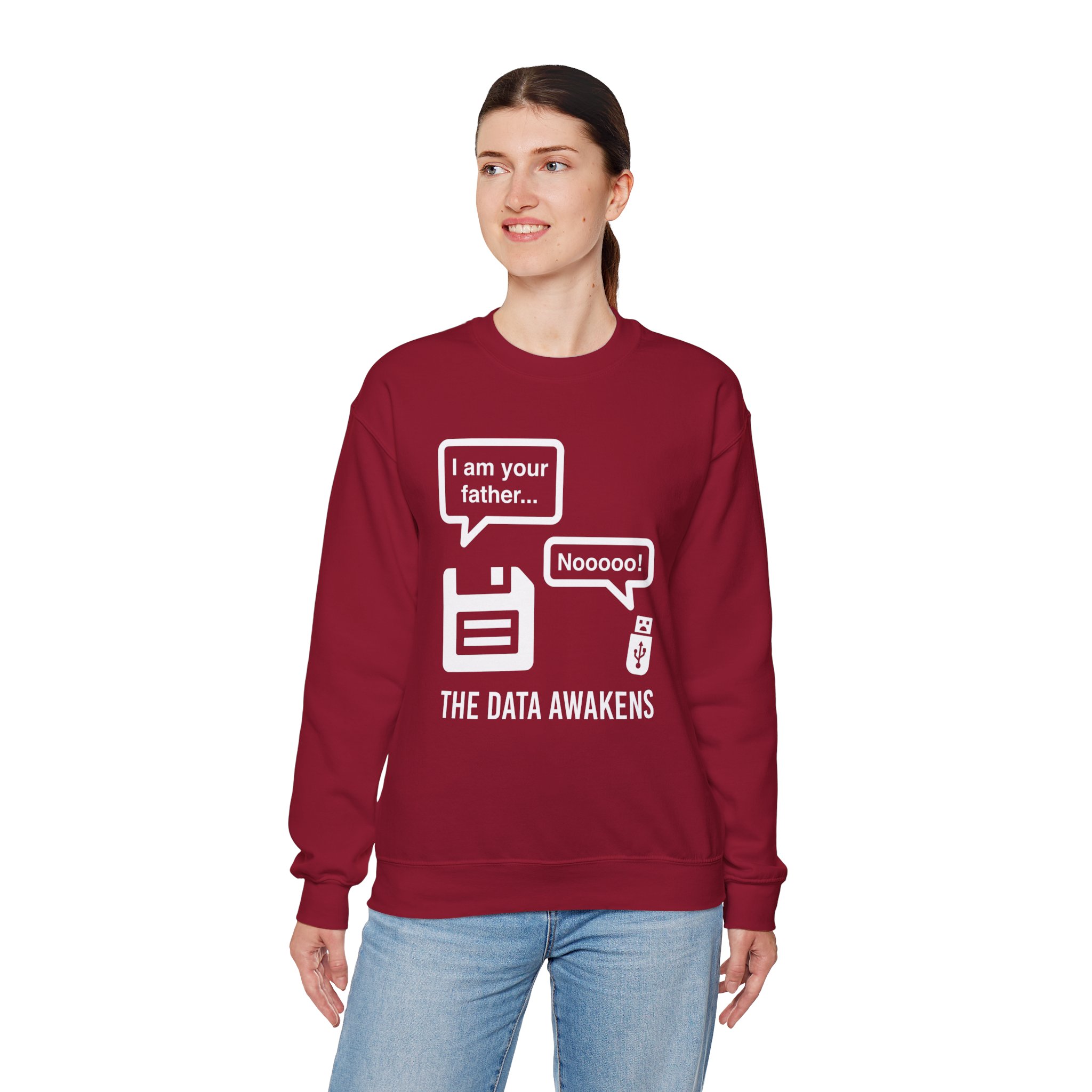The Data Awakens crewneck sweatshirt in Cardinal Red, worn by a model, fourth view