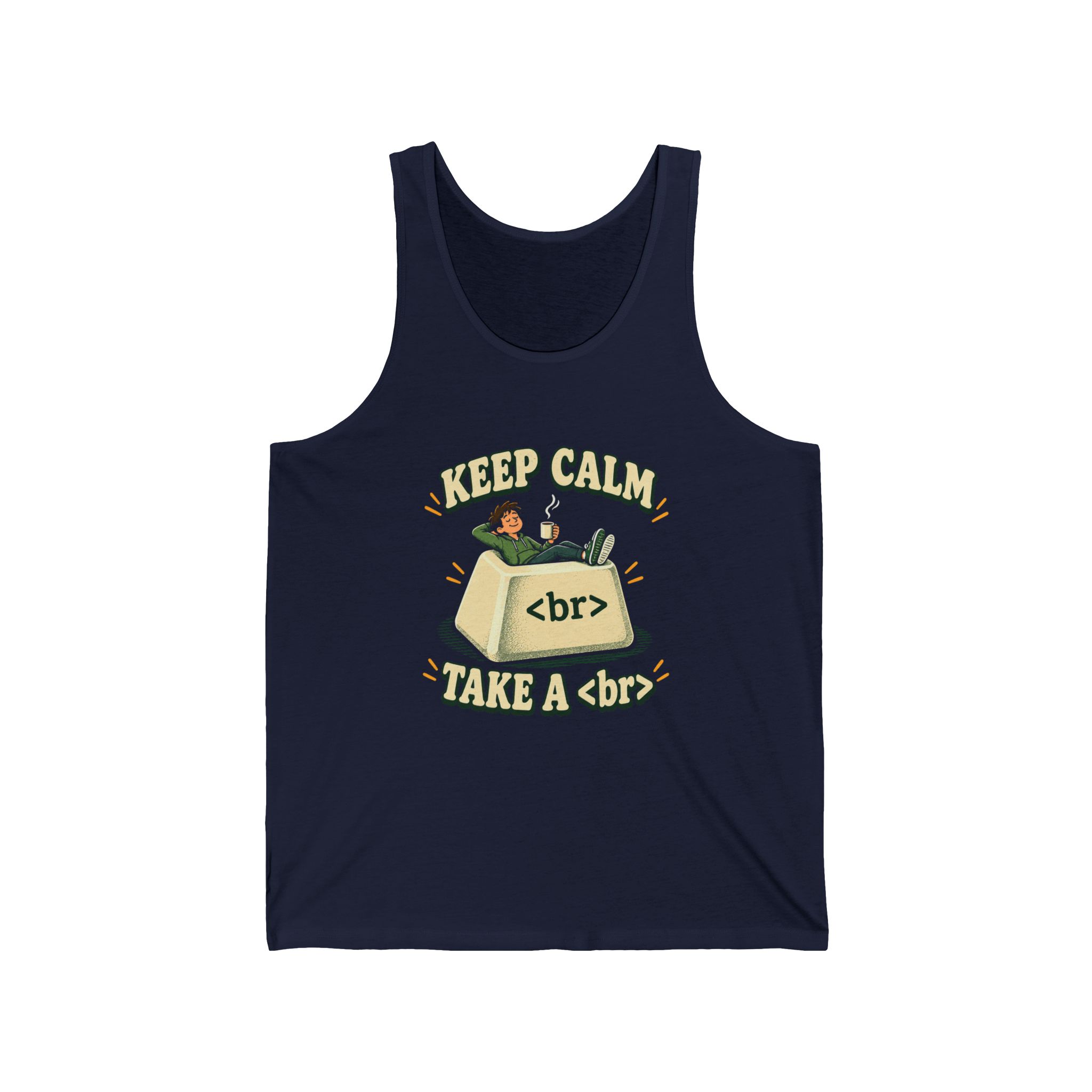 Keep Calm Keycap unisex tank in Navy, front view
