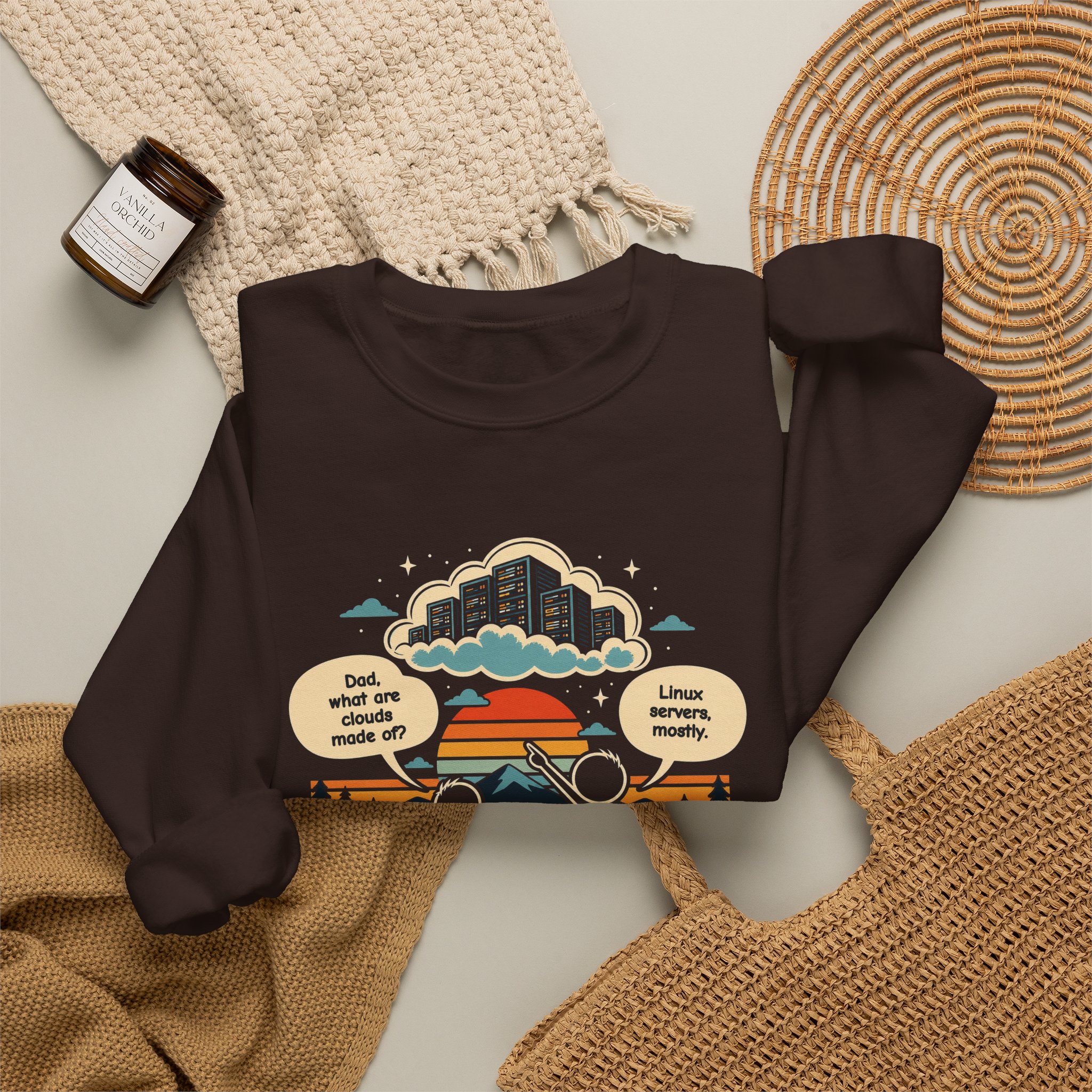 Linux Clouds crewneck sweatshirt in Dark Chocolate, folded 2