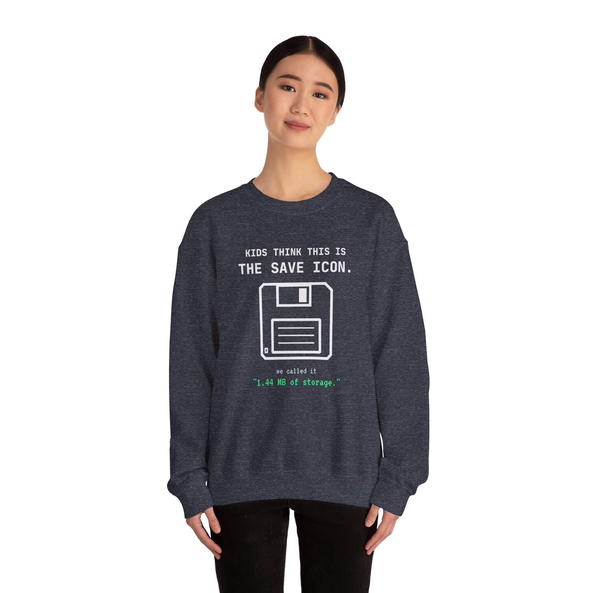 The Original Save Icon crewneck sweatshirt in Heather Sport Dark Navy, worn by a model