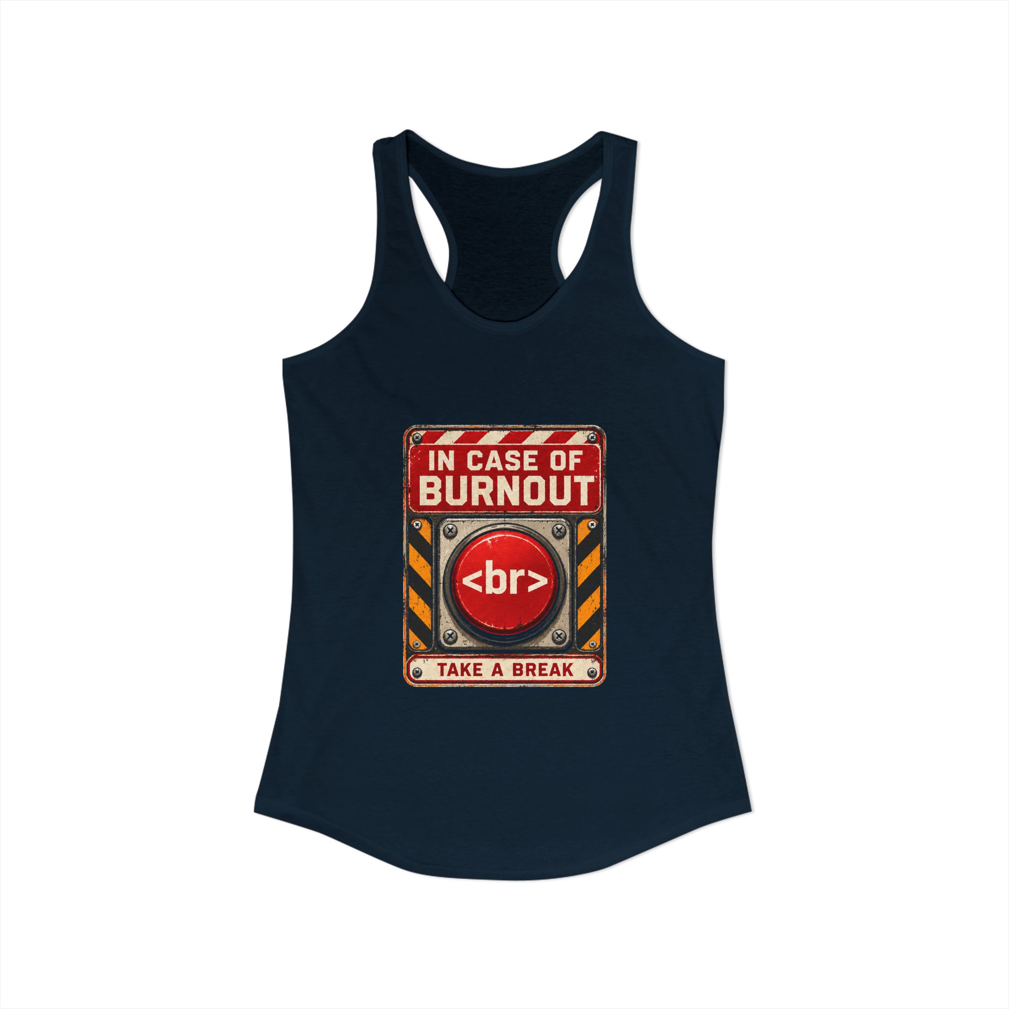 In Case of Burnout women's racerback tank in Solid Midnight Navy, front view